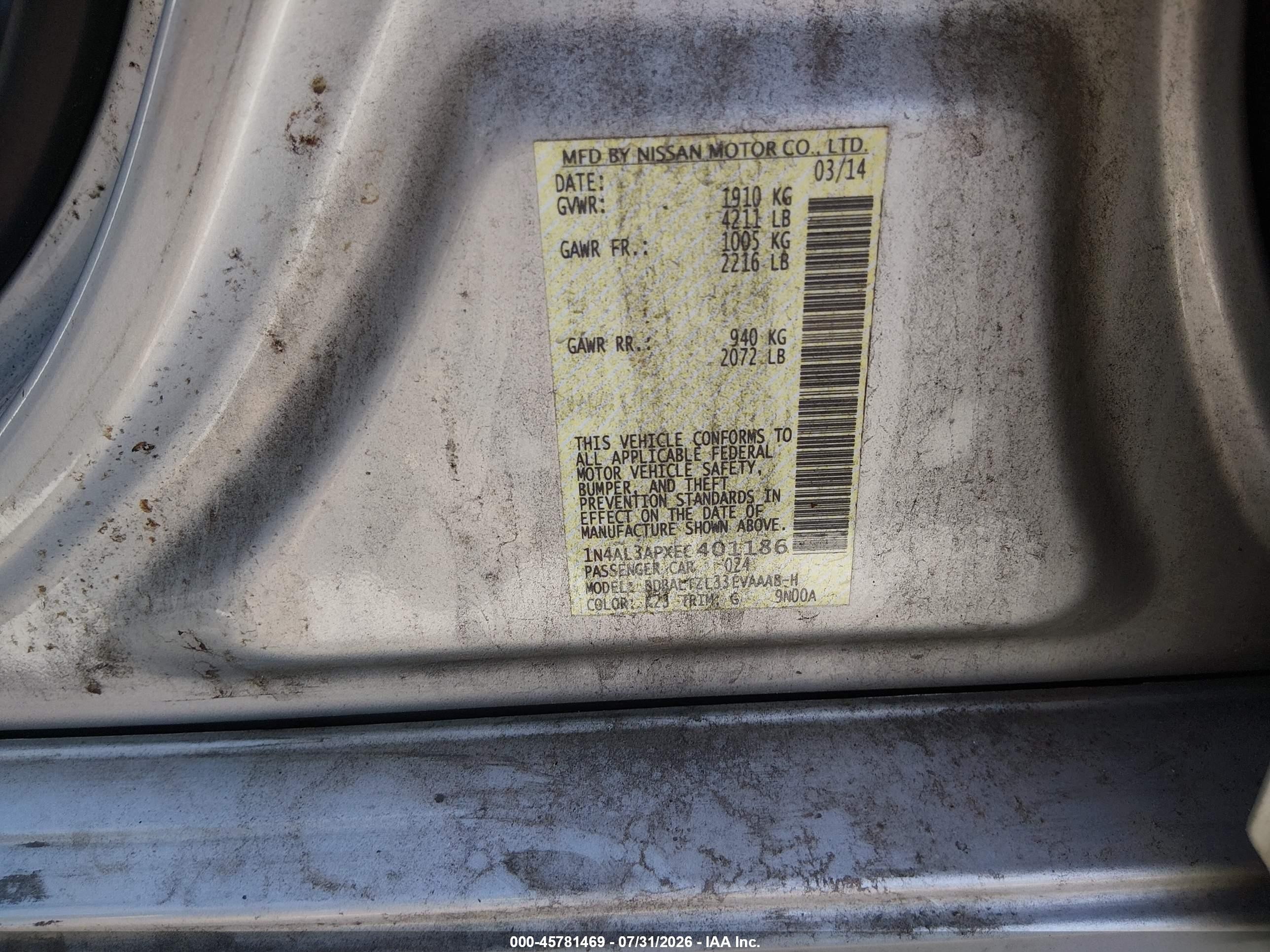 2014 Nissan Altima 2.5 Sv Silver vin: 1N4AL3APXEC401186