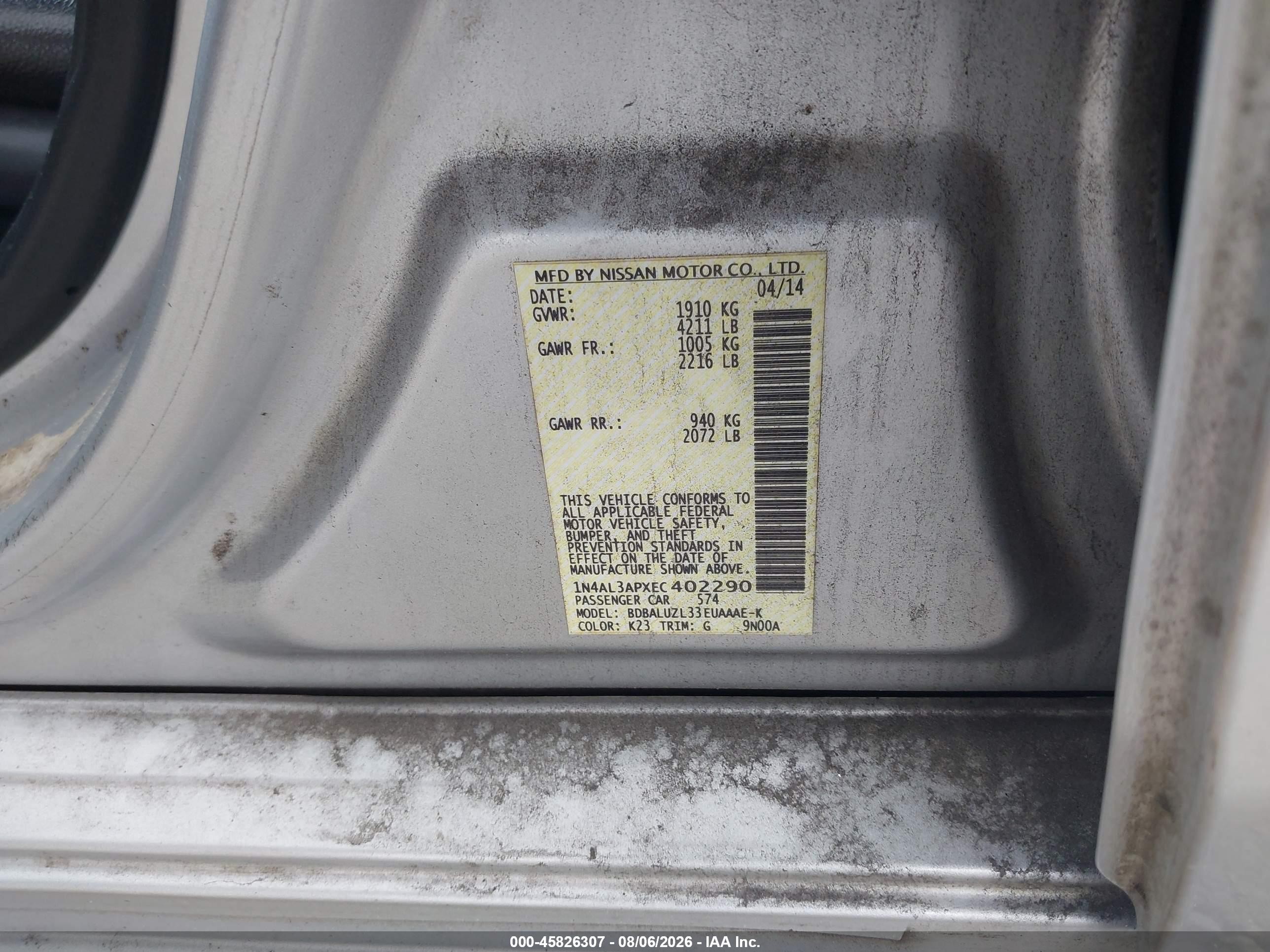 2014 Nissan Altima 2.5 Sv Silver vin: 1N4AL3APXEC402290