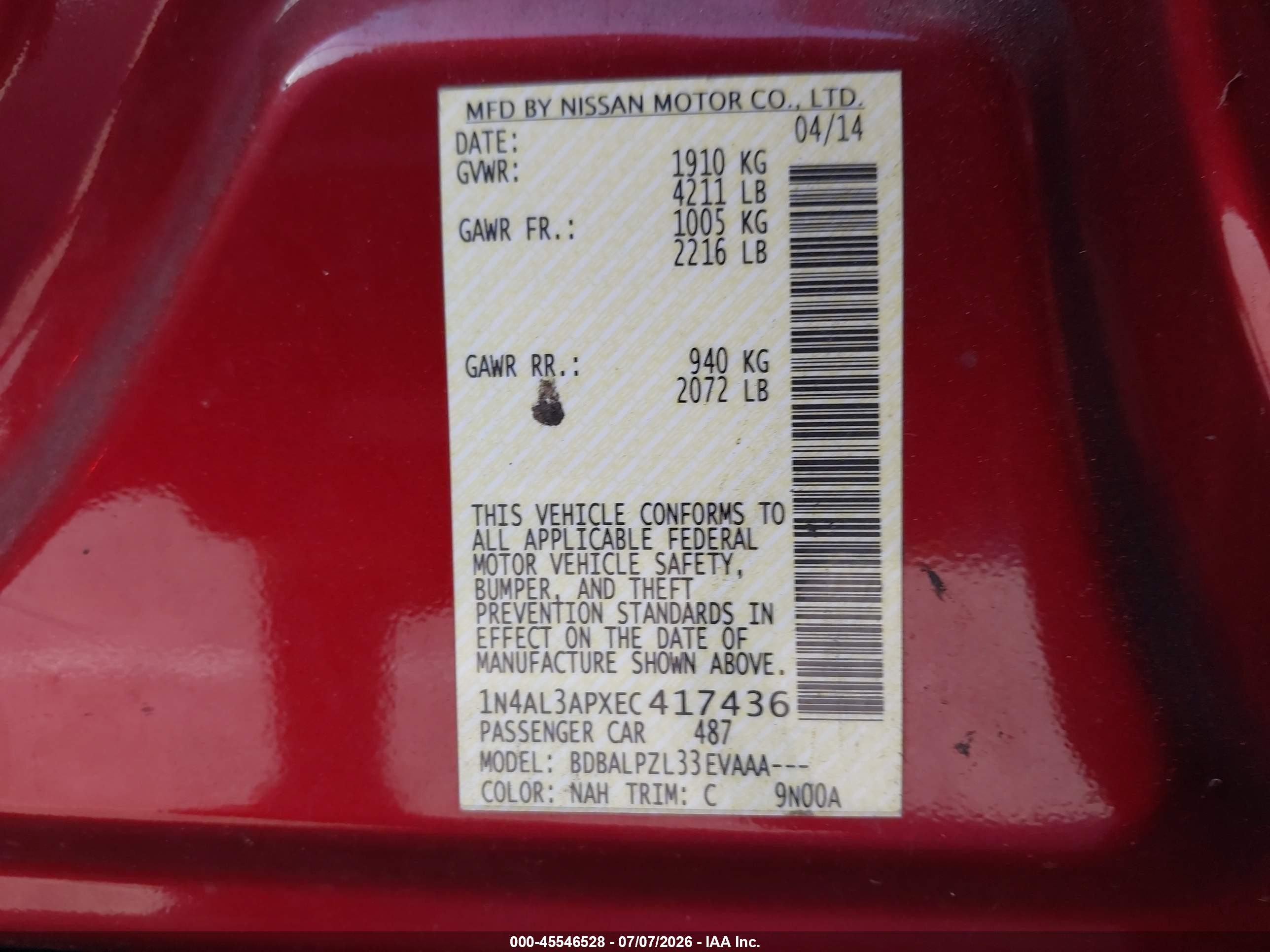 2014 Nissan Altima 2.5 Красный vin: 1N4AL3APXEC417436