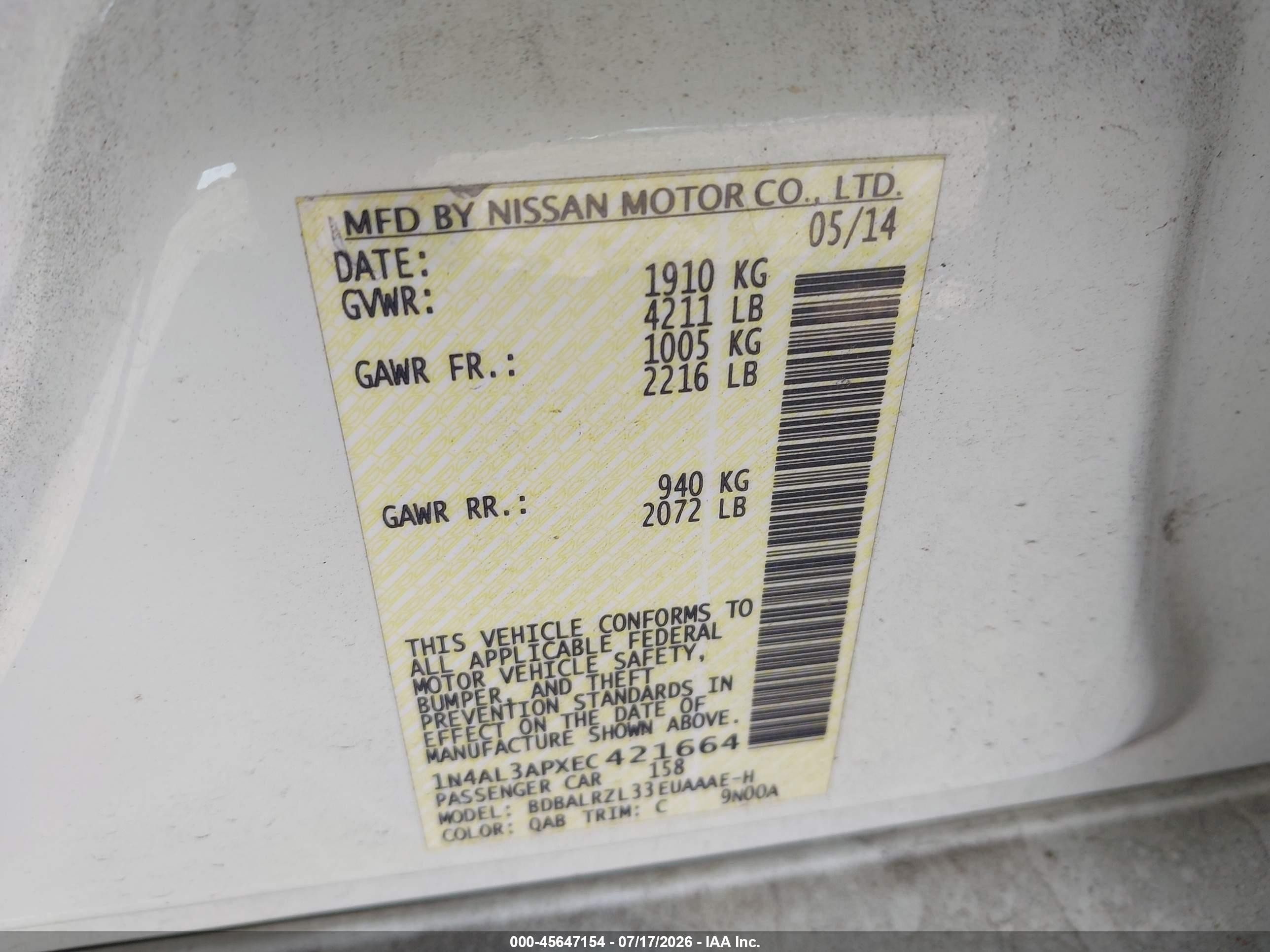 2014 Nissan Altima 2.5 S White vin: 1N4AL3APXEC421664