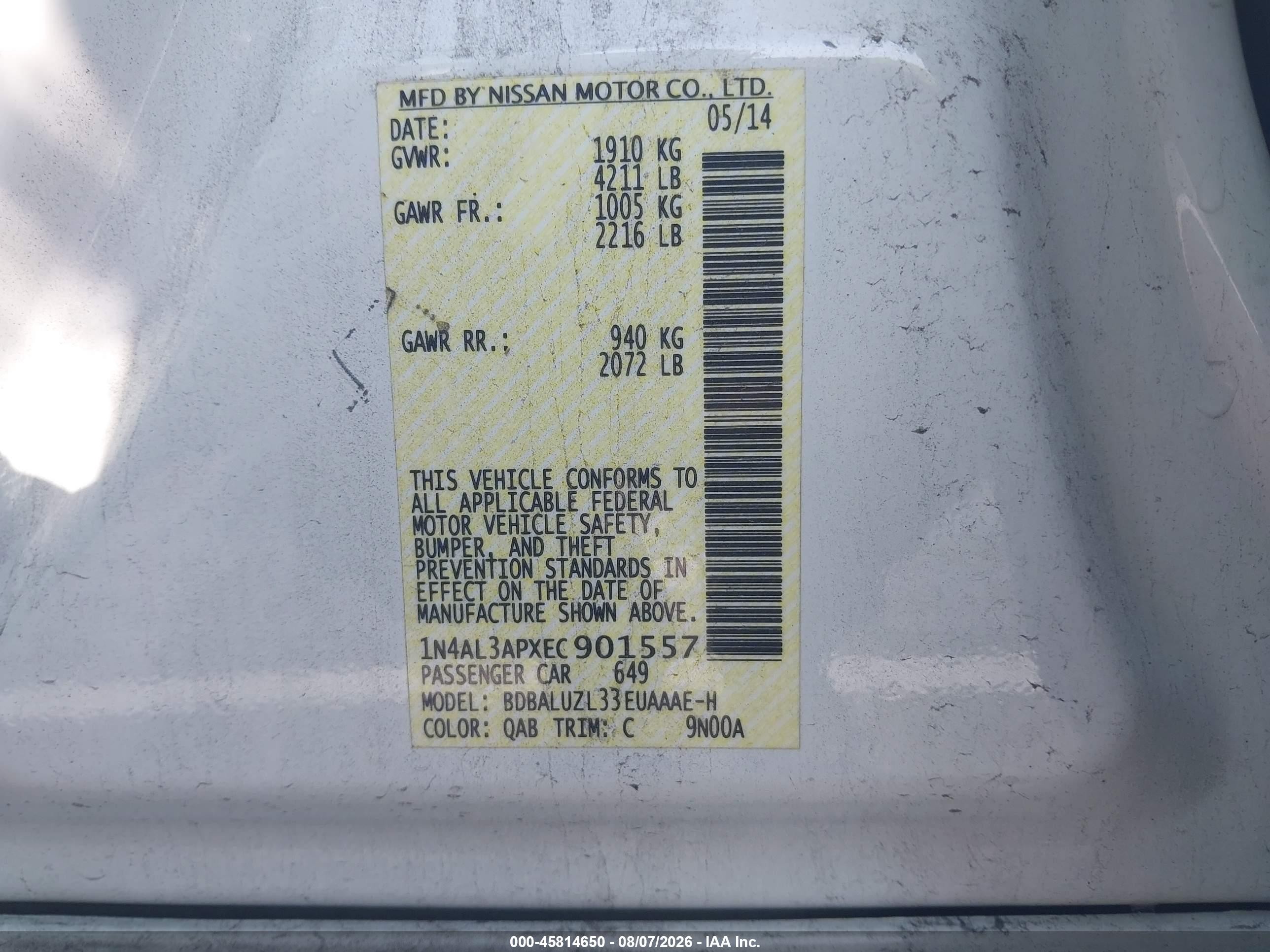 2014 Nissan Altima 2.5 Sv White vin: 1N4AL3APXEC901557