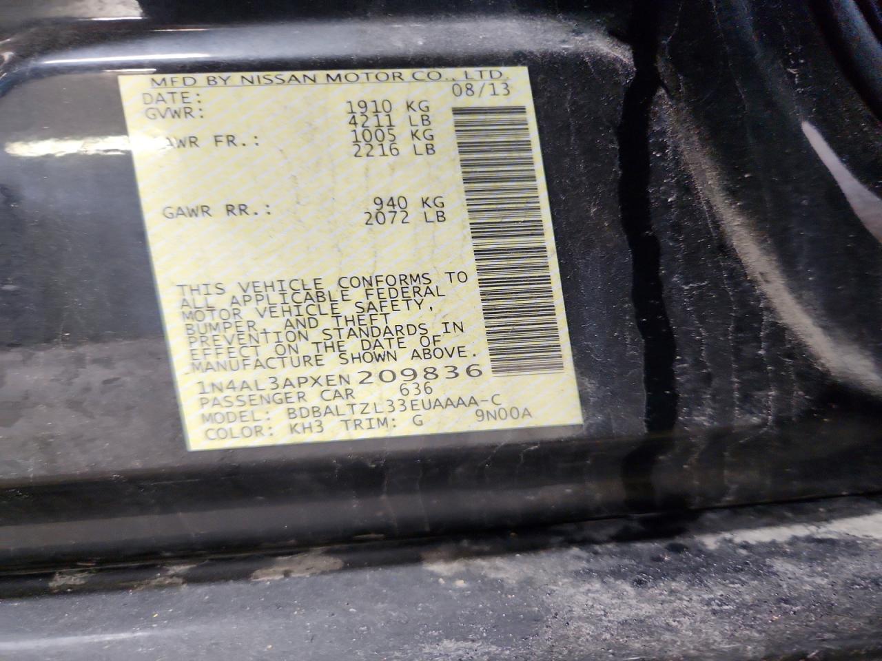 2014 Nissan Altima 2.5 Black vin: 1N4AL3APXEN209836