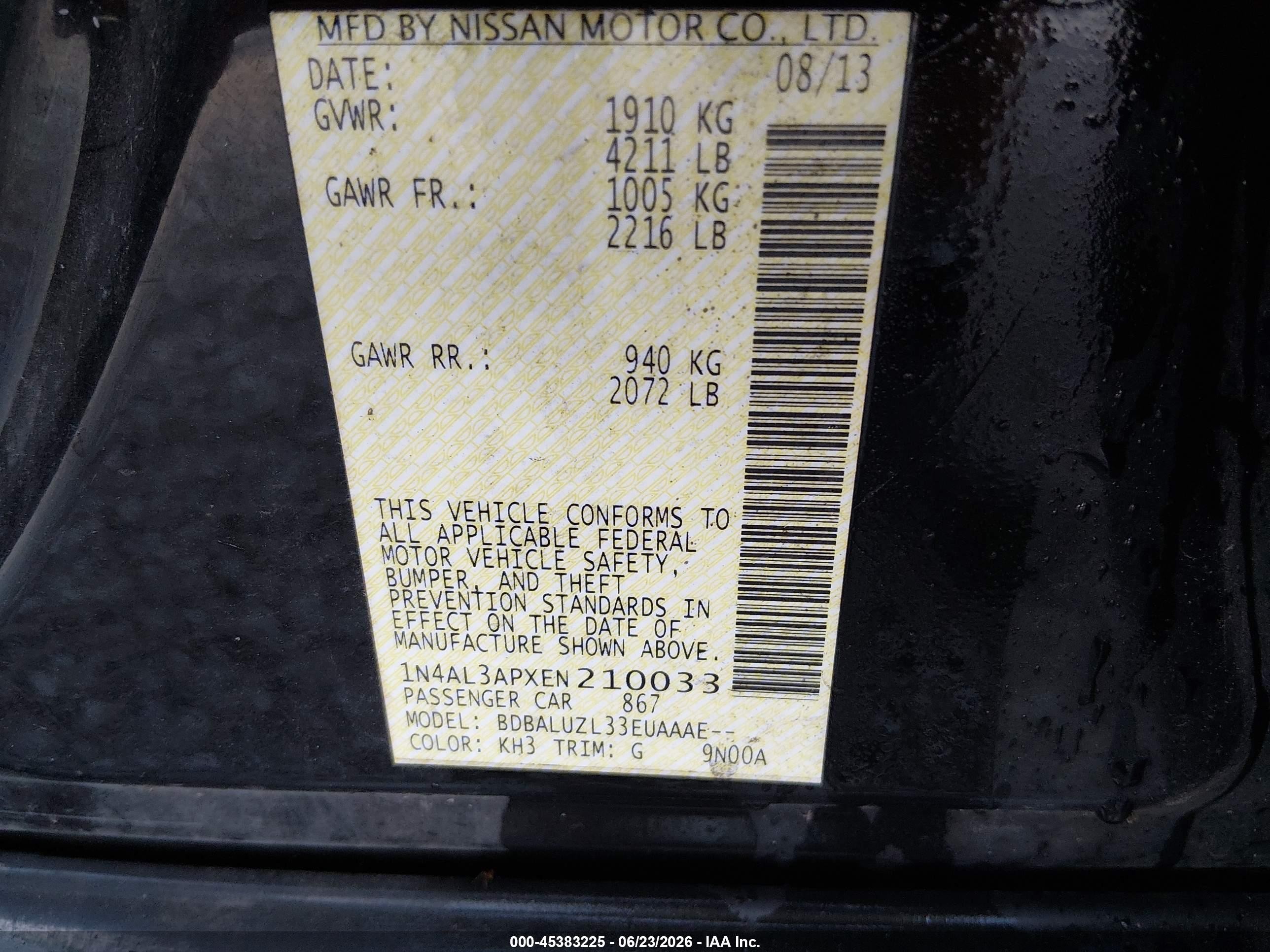 2014 Nissan Altima 2.5 Sv Black vin: 1N4AL3APXEN210033