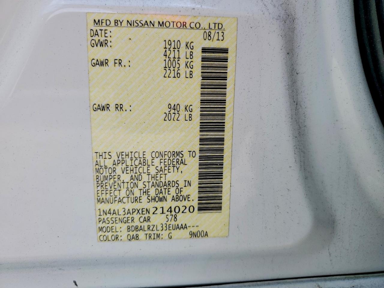 2014 Nissan Altima 2.5 White vin: 1N4AL3APXEN214020