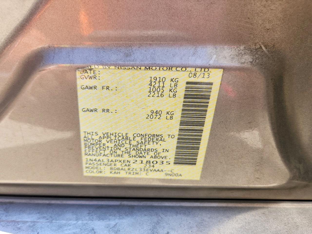 2014 Nissan Altima 2.5 Tan vin: 1N4AL3APXEN218035