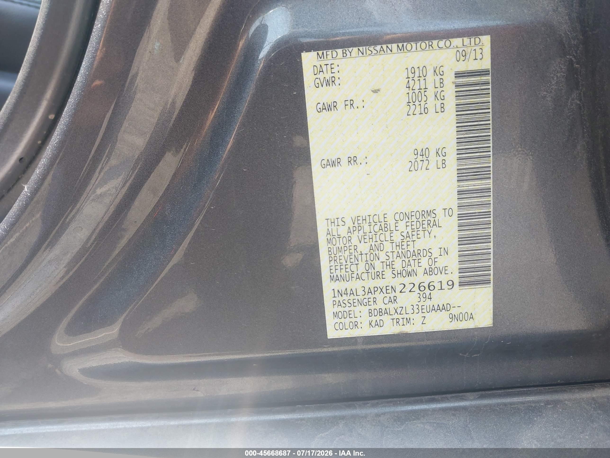 2014 Nissan Altima 2.5 Sl Gray vin: 1N4AL3APXEN226619