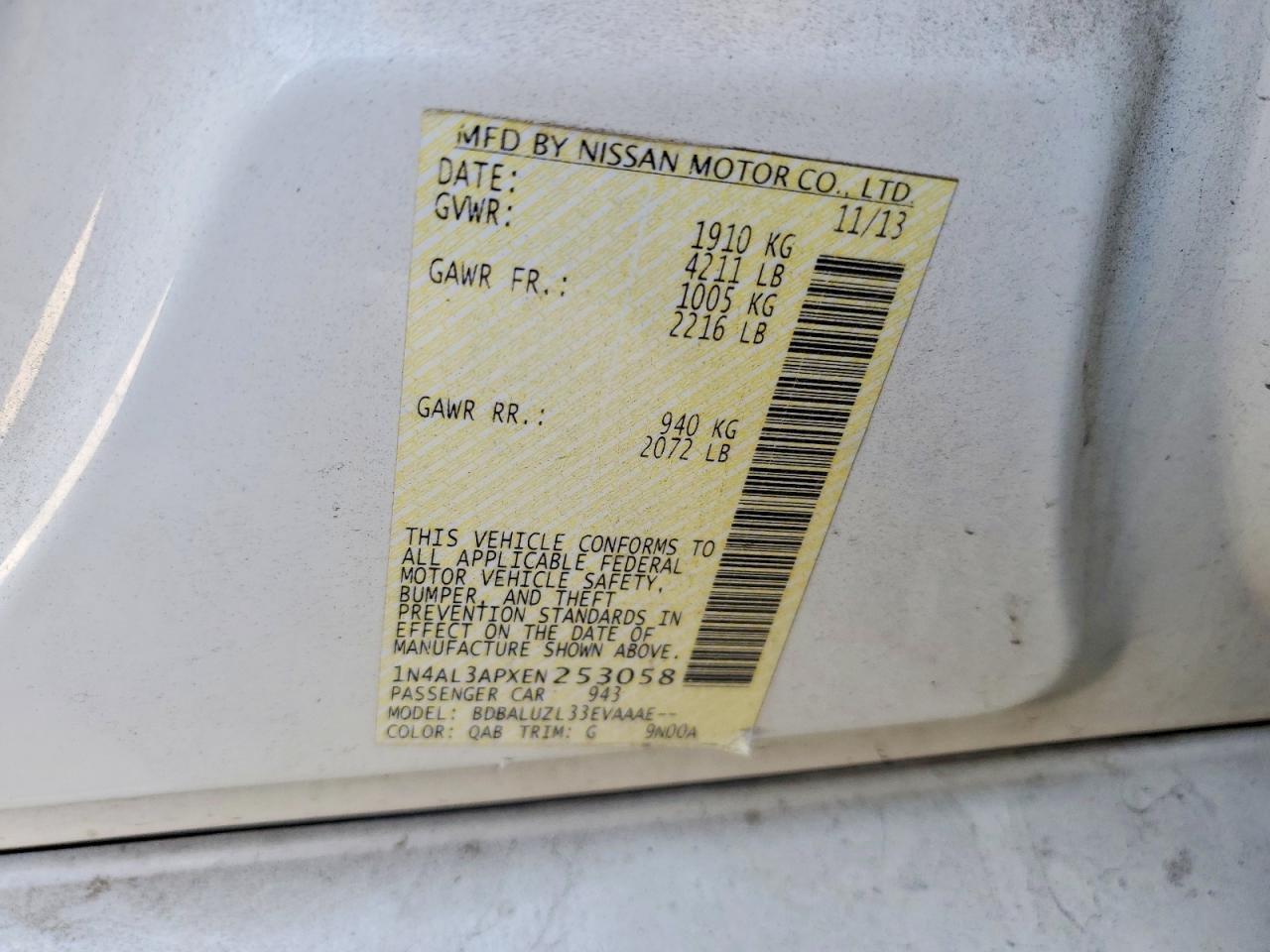 2014 Nissan Altima 2.5 Sv White vin: 1N4AL3APXEN253058
