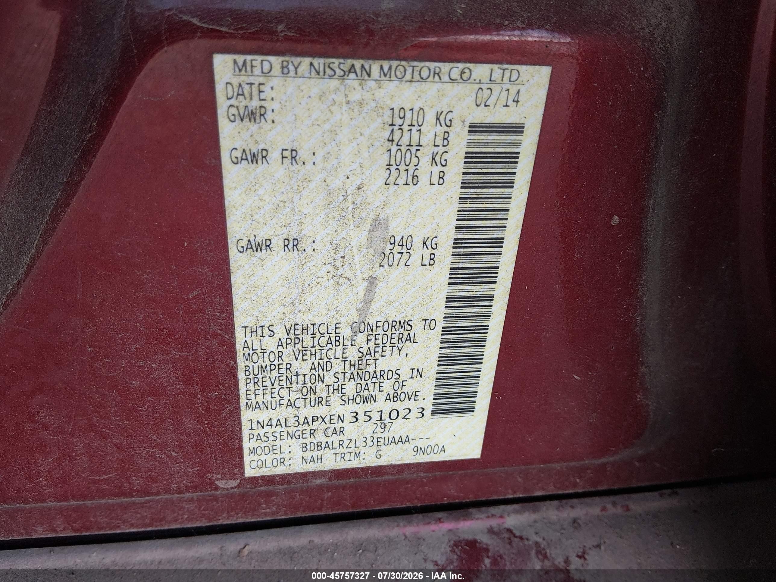 2014 Nissan Altima 2.5/2.5 S/2.5 Sl/2.5 Sv Red vin: 1N4AL3APXEN351023