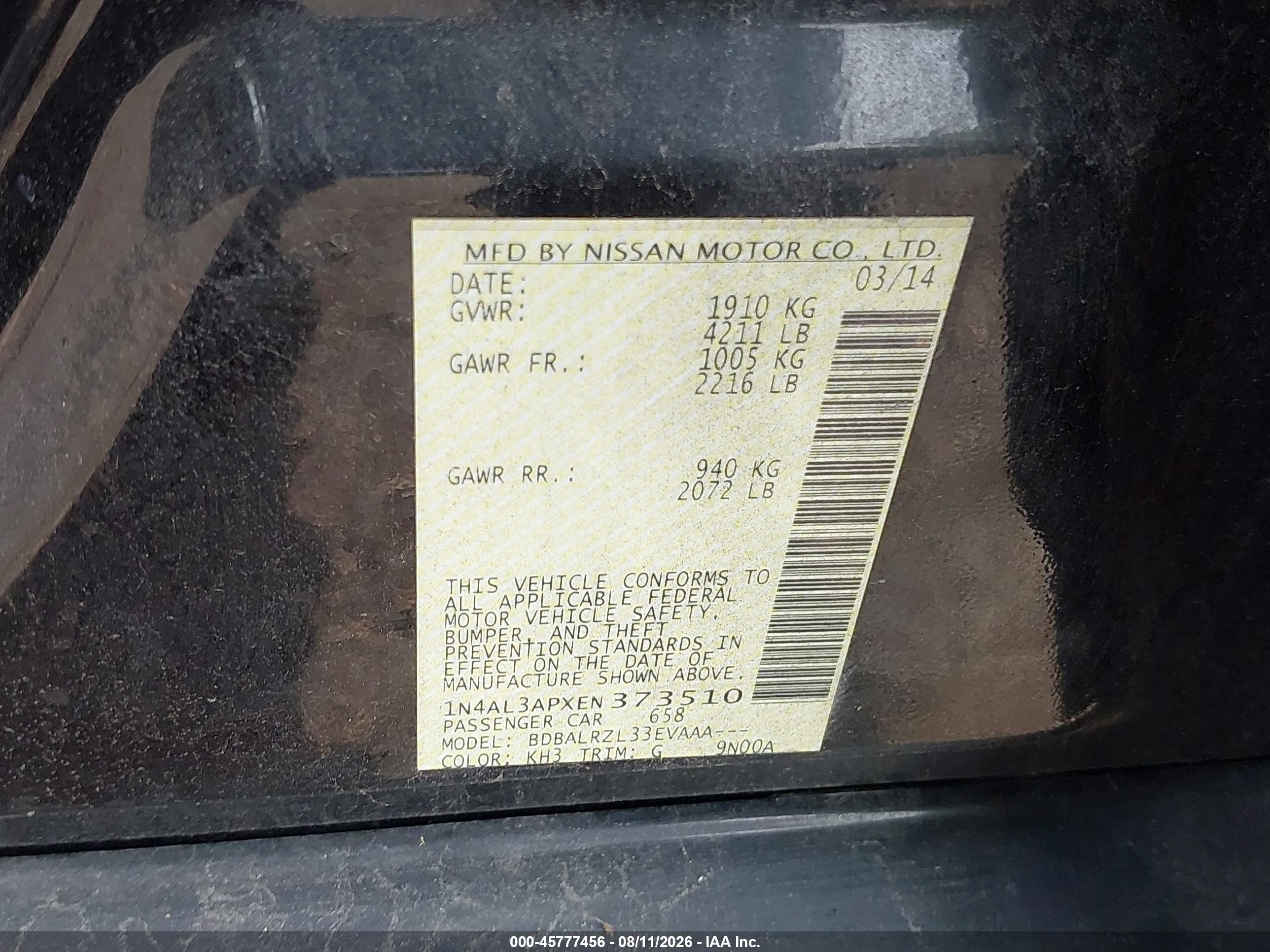 2014 Nissan Altima 2.5/2.5 S/2.5 Sl/2.5 Sv Black vin: 1N4AL3APXEN373510