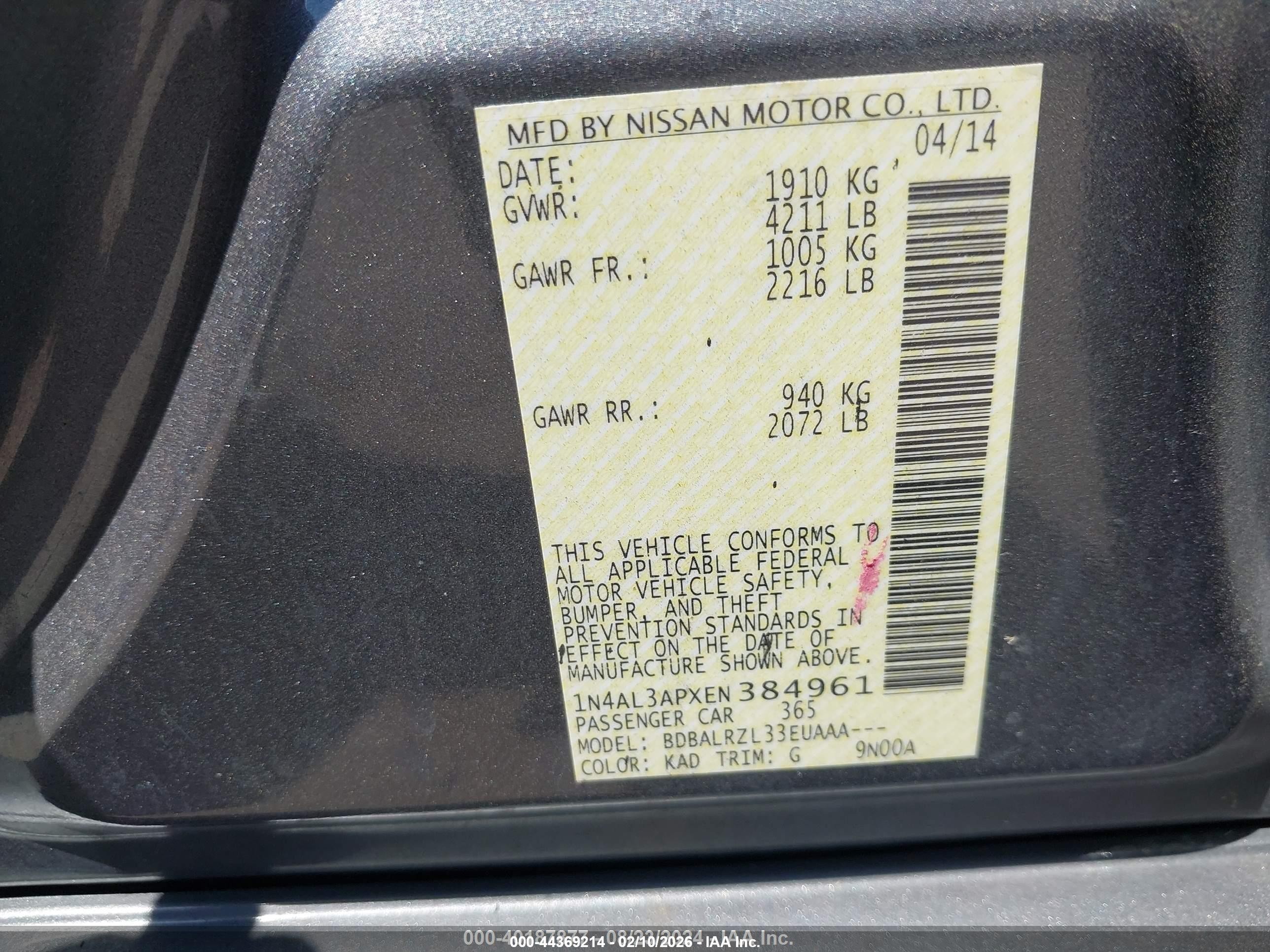 2014 Nissan Altima 2.5 S Black vin: 1N4AL3APXEN384961