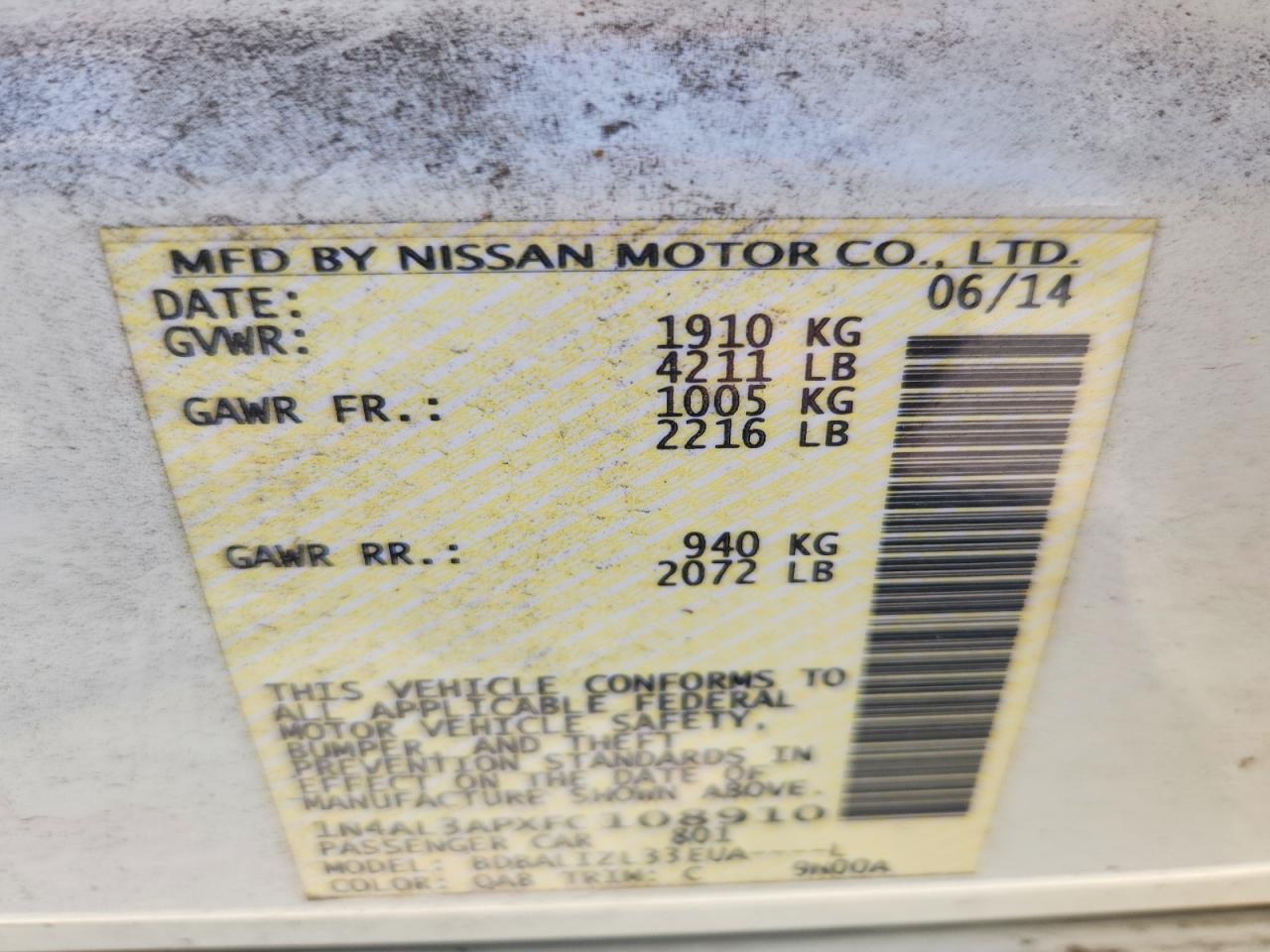 2015 Nissan Altima 2.5 Sv White vin: 1N4AL3APXFC108910