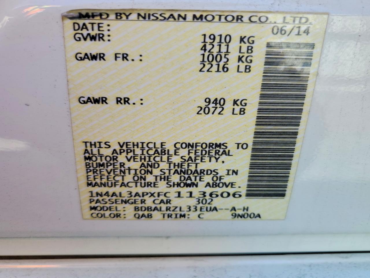 2015 Nissan Altima 2.5 Sl White vin: 1N4AL3APXFC113606
