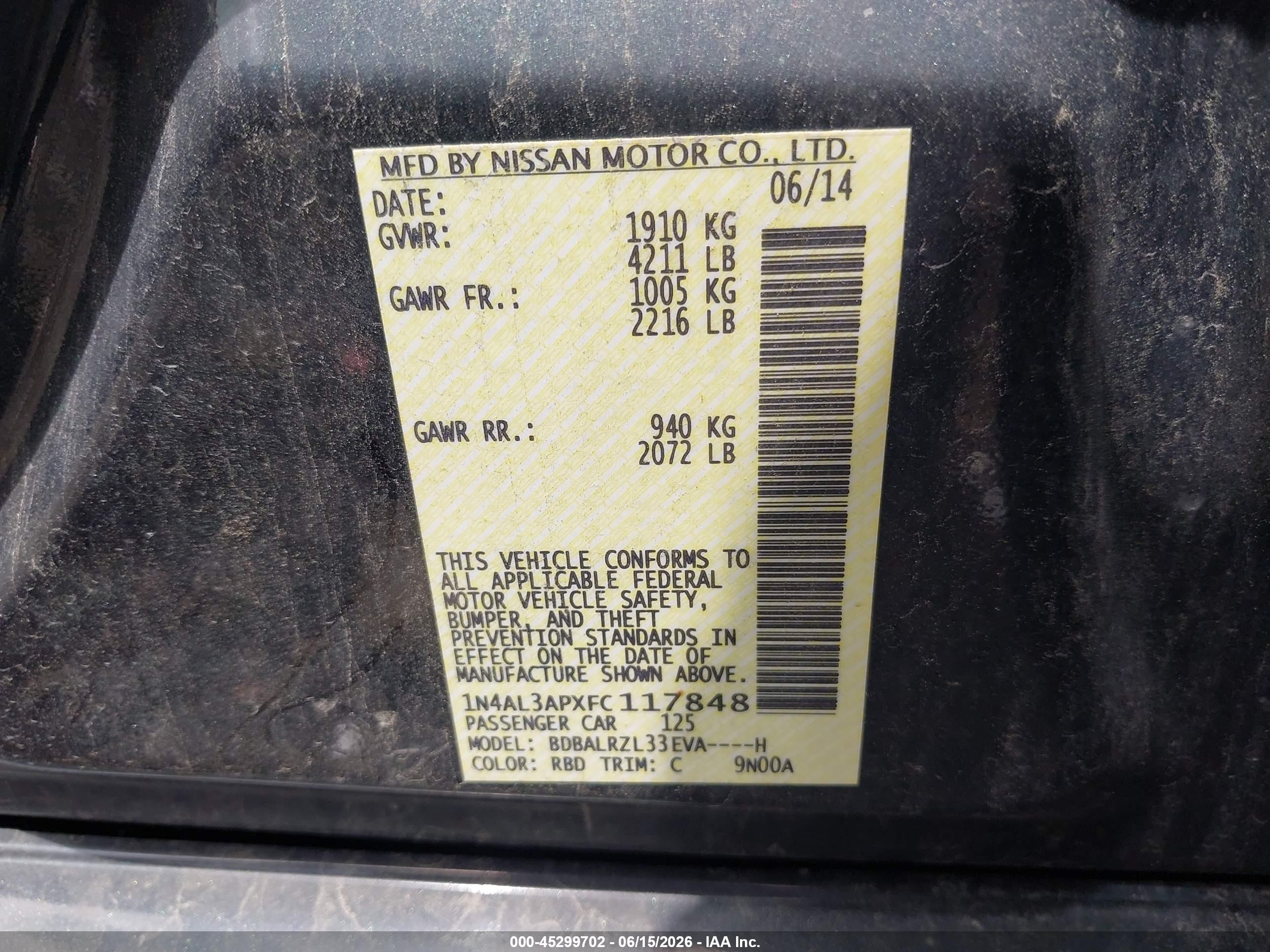 2015 Nissan Altima 2.5 Sl Black vin: 1N4AL3APXFC117848