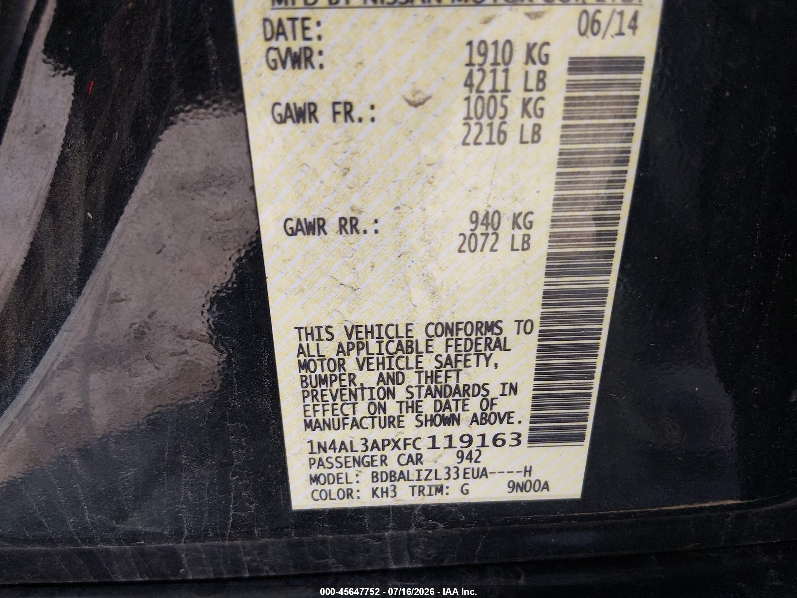 2015 Nissan Altima 2.5 Sv Black vin: 1N4AL3APXFC119163