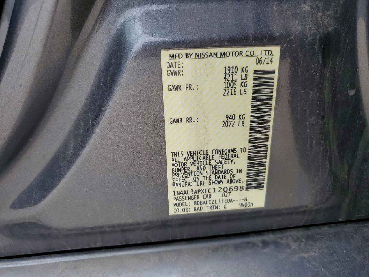 2015 Nissan Altima 2.5 Sv Gray vin: 1N4AL3APXFC120698