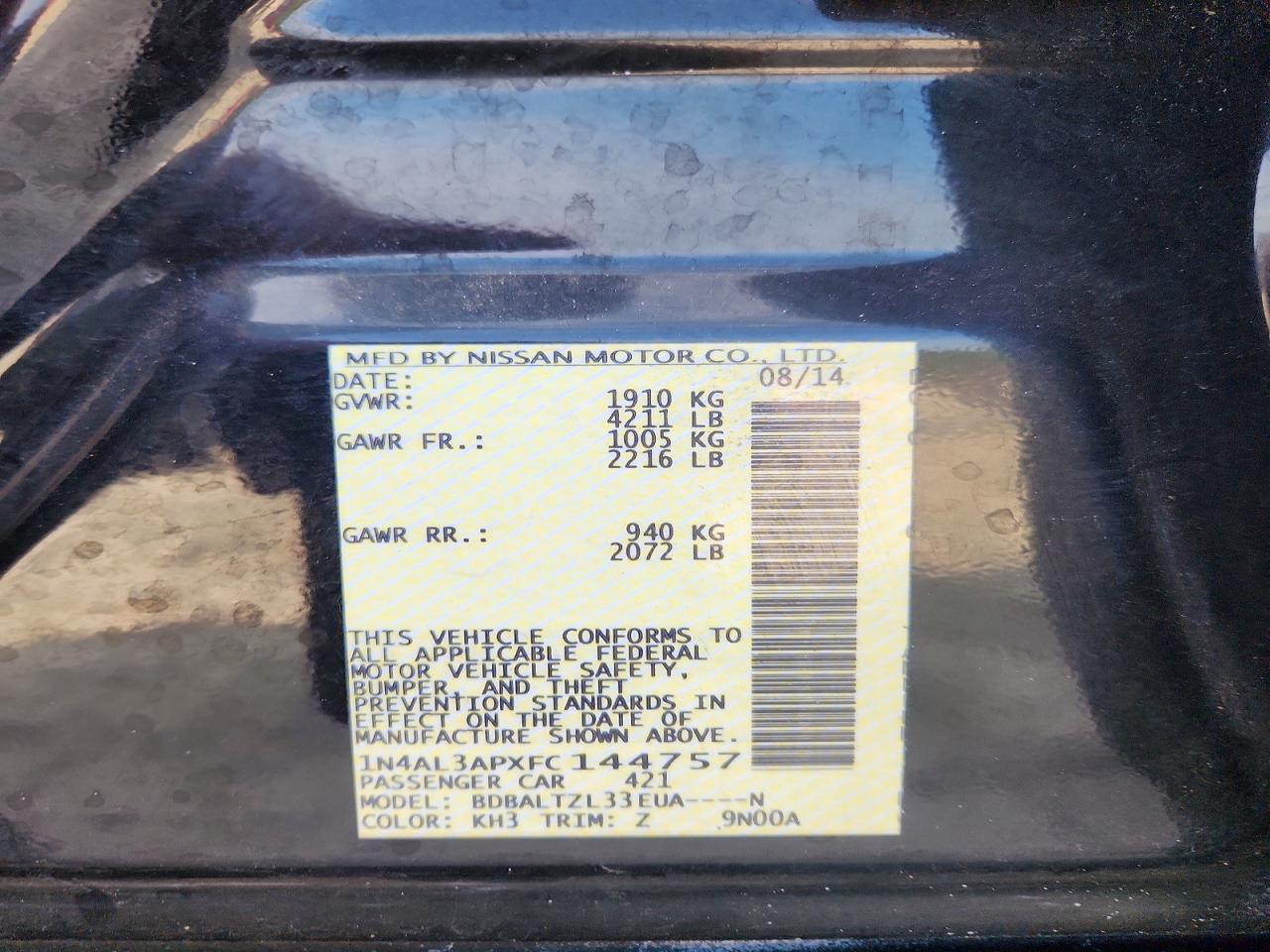 2015 Nissan Altima 2.5 Black vin: 1N4AL3APXFC144757