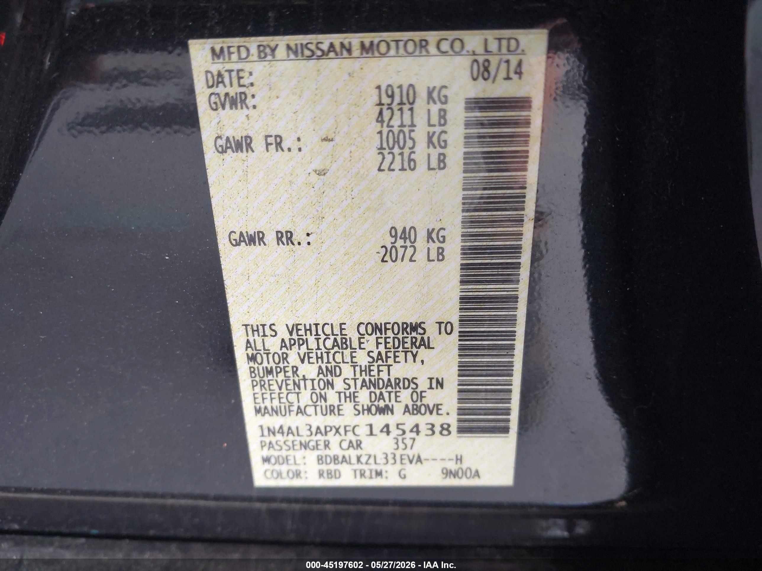 2015 Nissan Altima 2.5 Sv Black vin: 1N4AL3APXFC145438