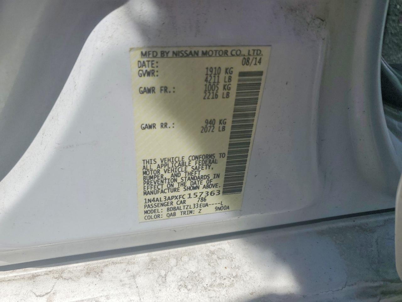 2015 Nissan Altima 2.5 Sl White vin: 1N4AL3APXFC157363