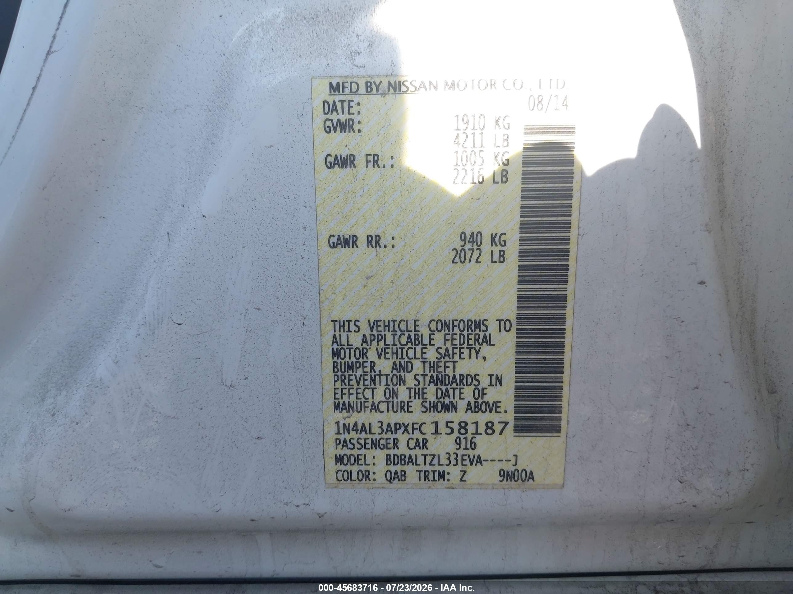 2015 Nissan Altima 2.5 Sl White vin: 1N4AL3APXFC158187