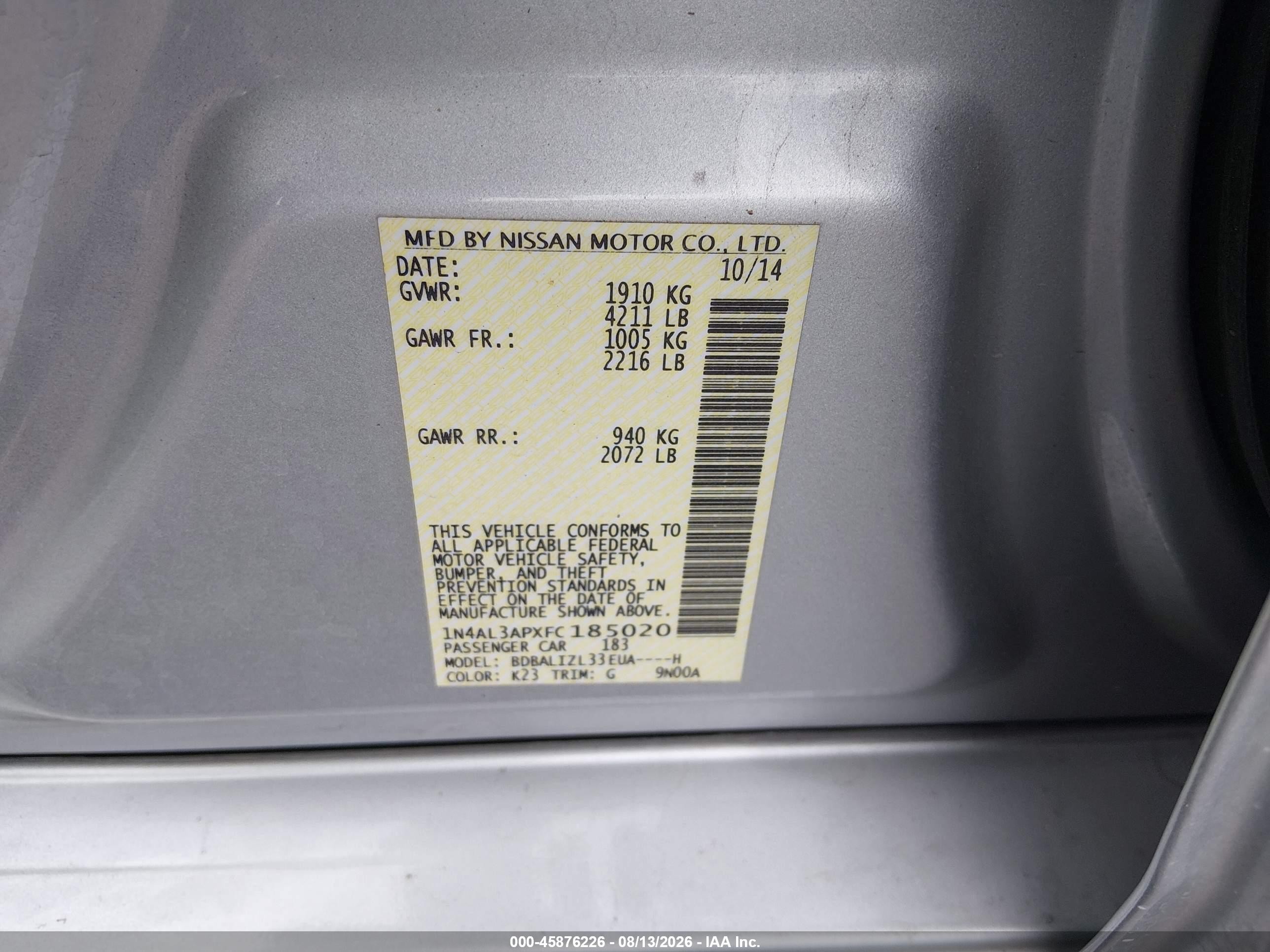 2015 Nissan Altima 2.5 Sv Silver vin: 1N4AL3APXFC185020