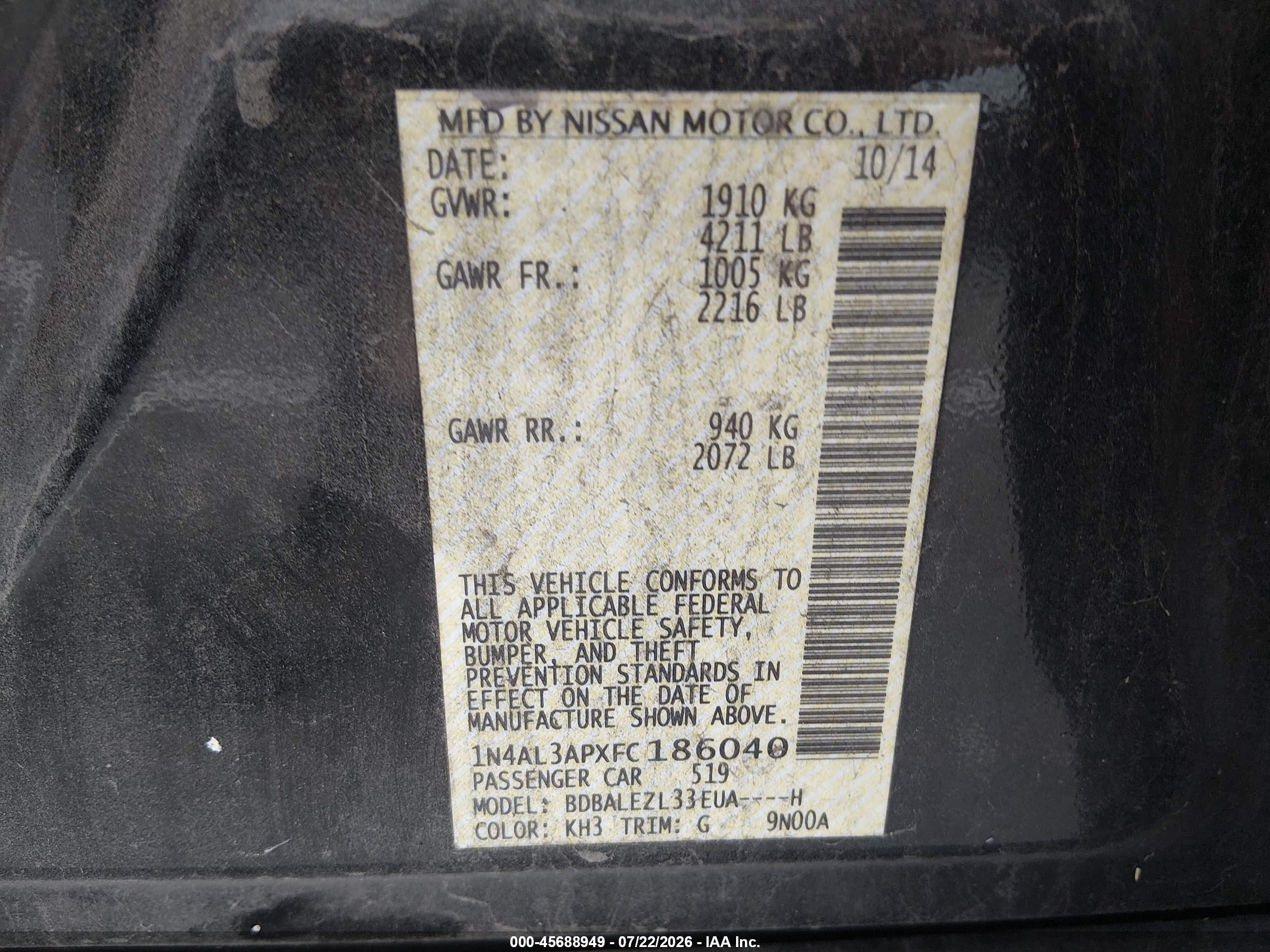 2015 Nissan Altima 2.5 S Black vin: 1N4AL3APXFC186040