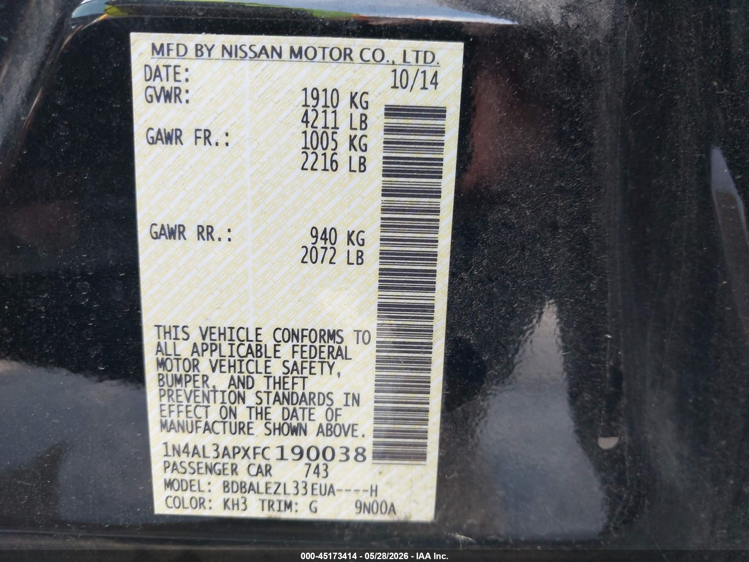 2015 Nissan Altima 2.5 S Black vin: 1N4AL3APXFC190038