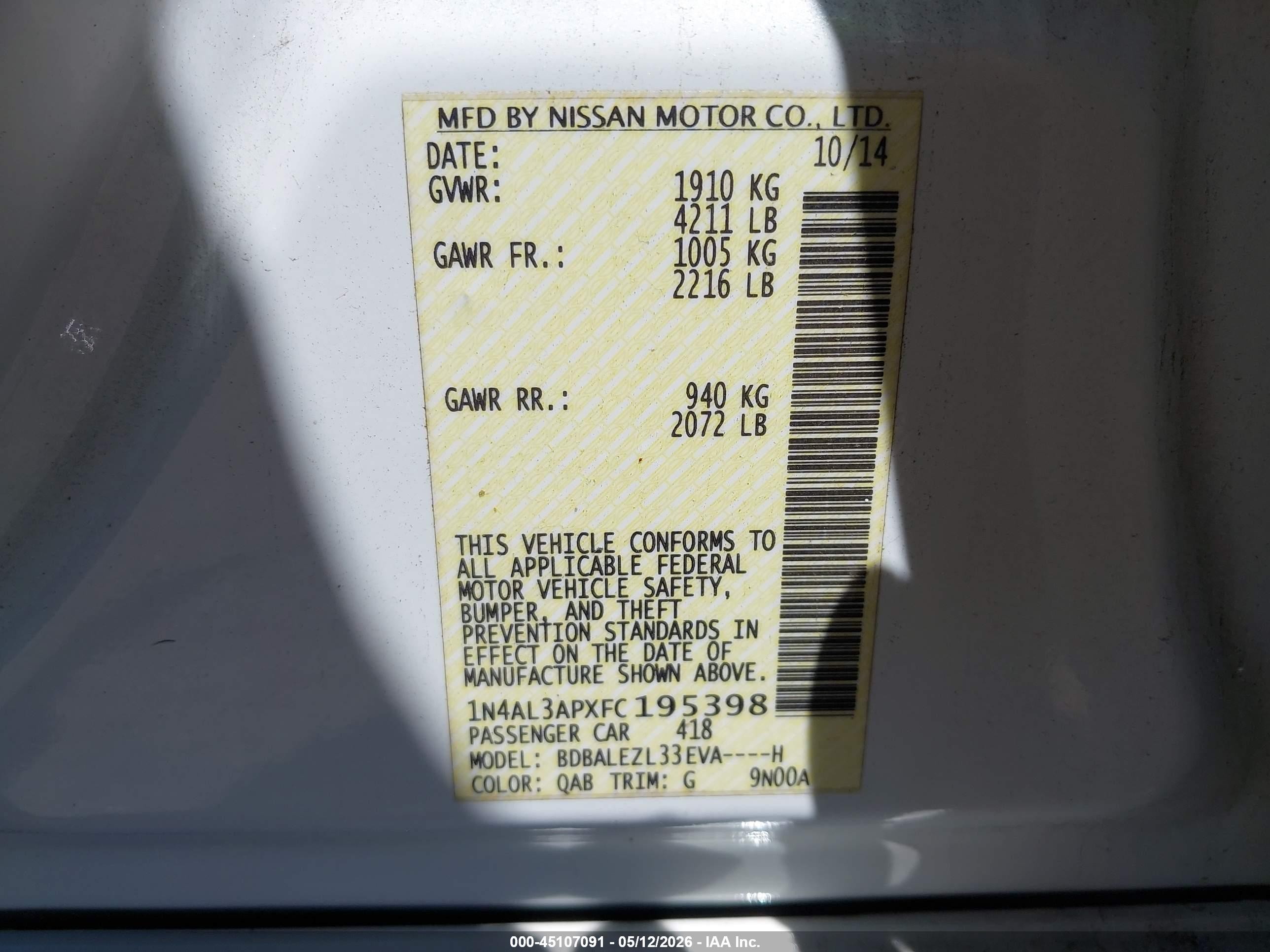 2015 Nissan Altima 2.5 S White vin: 1N4AL3APXFC195398
