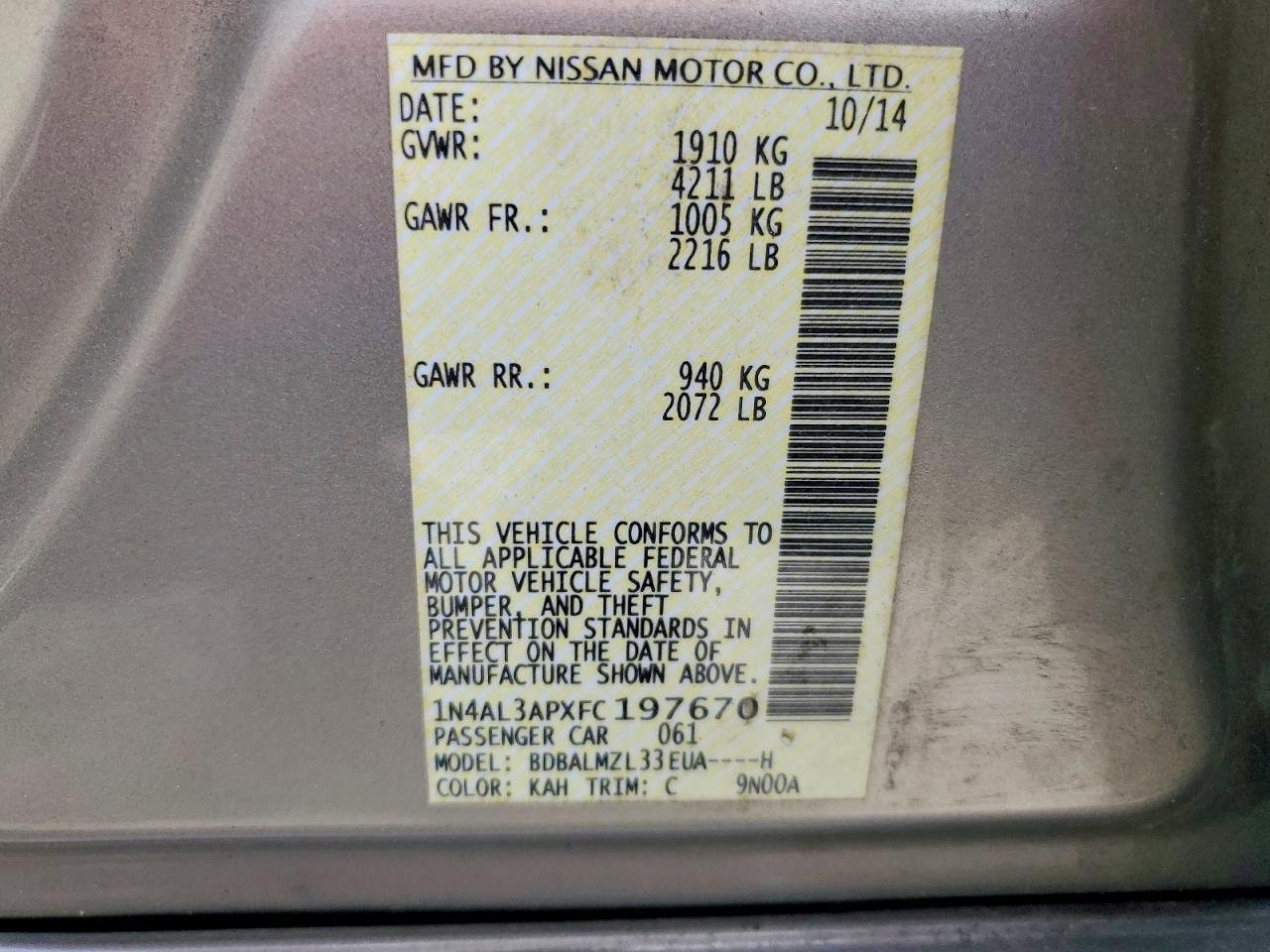 2015 Nissan Altima 2.5 Sv Tan vin: 1N4AL3APXFC197670