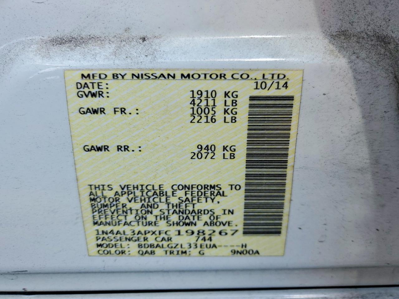 2015 Nissan Altima 2.5 S Белый vin: 1N4AL3APXFC198267