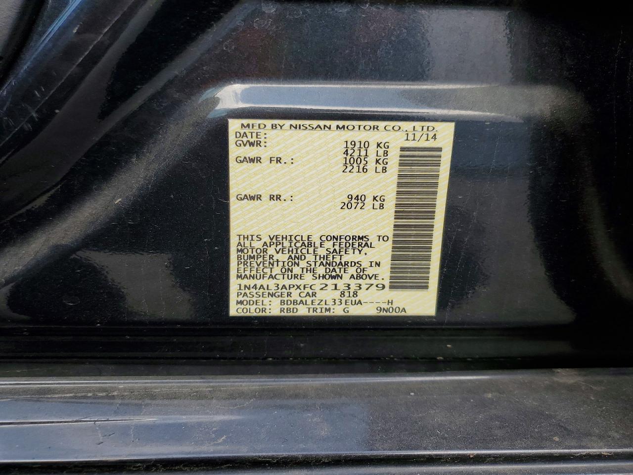 2015 Nissan Altima 2.5 S Charcoal vin: 1N4AL3APXFC213379