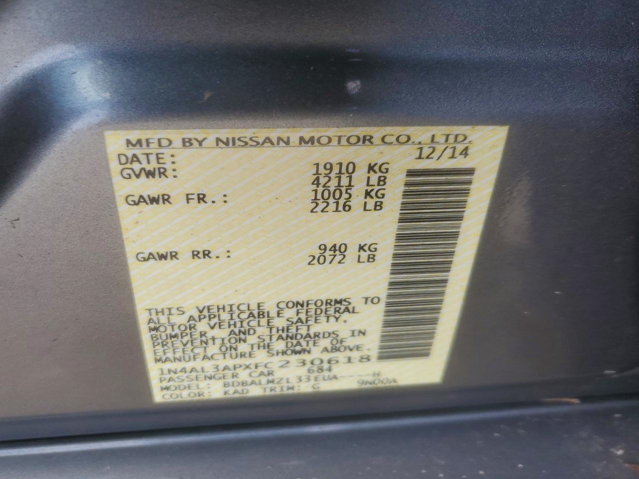 2015 Nissan Altima 2.5 Sv Gray vin: 1N4AL3APXFC230618