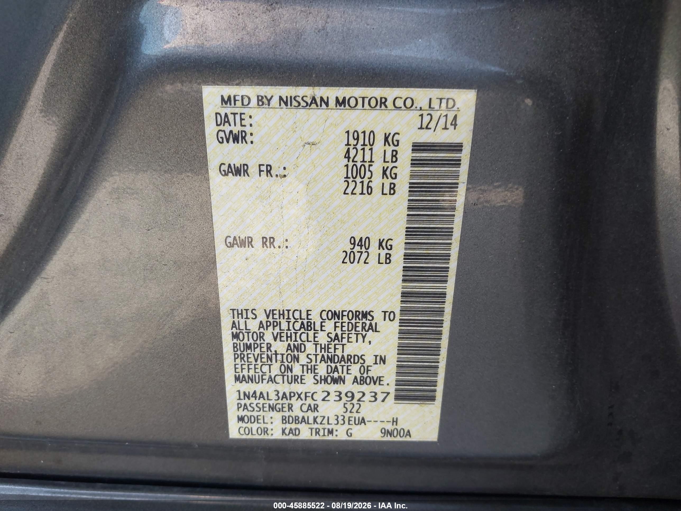 2015 Nissan Altima 2.5 Sv Gray vin: 1N4AL3APXFC239237