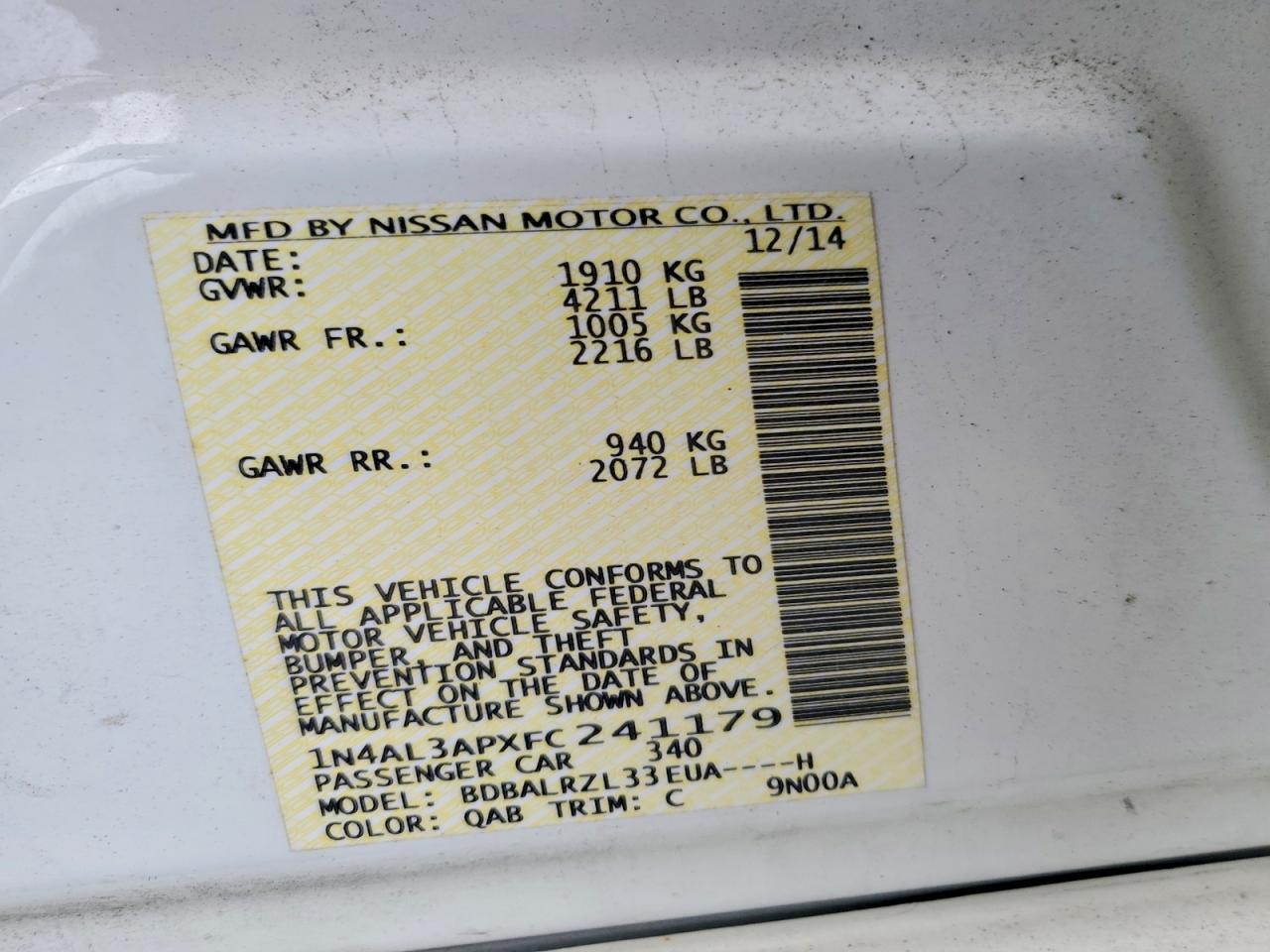 2015 Nissan Altima 2.5 Sl White vin: 1N4AL3APXFC241179
