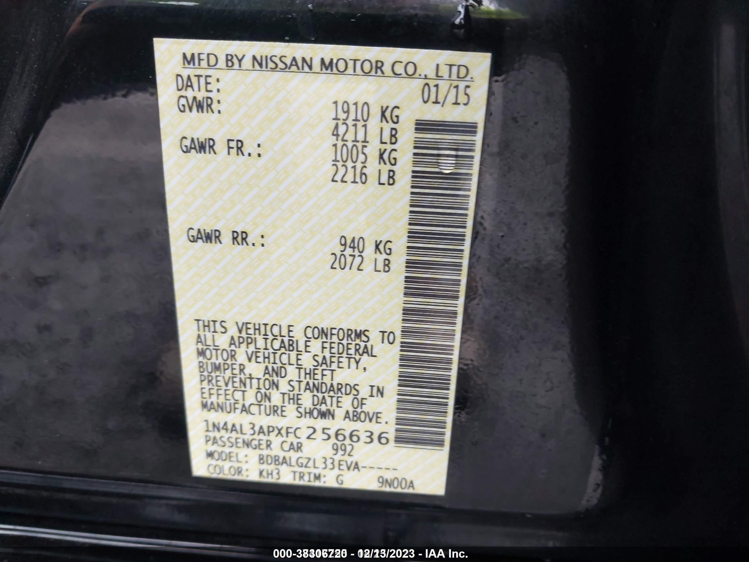 2015 Nissan Altima 2.5/2.5 S/2.5 Sl/2.5 Sv Черный vin: 1N4AL3APXFC256636