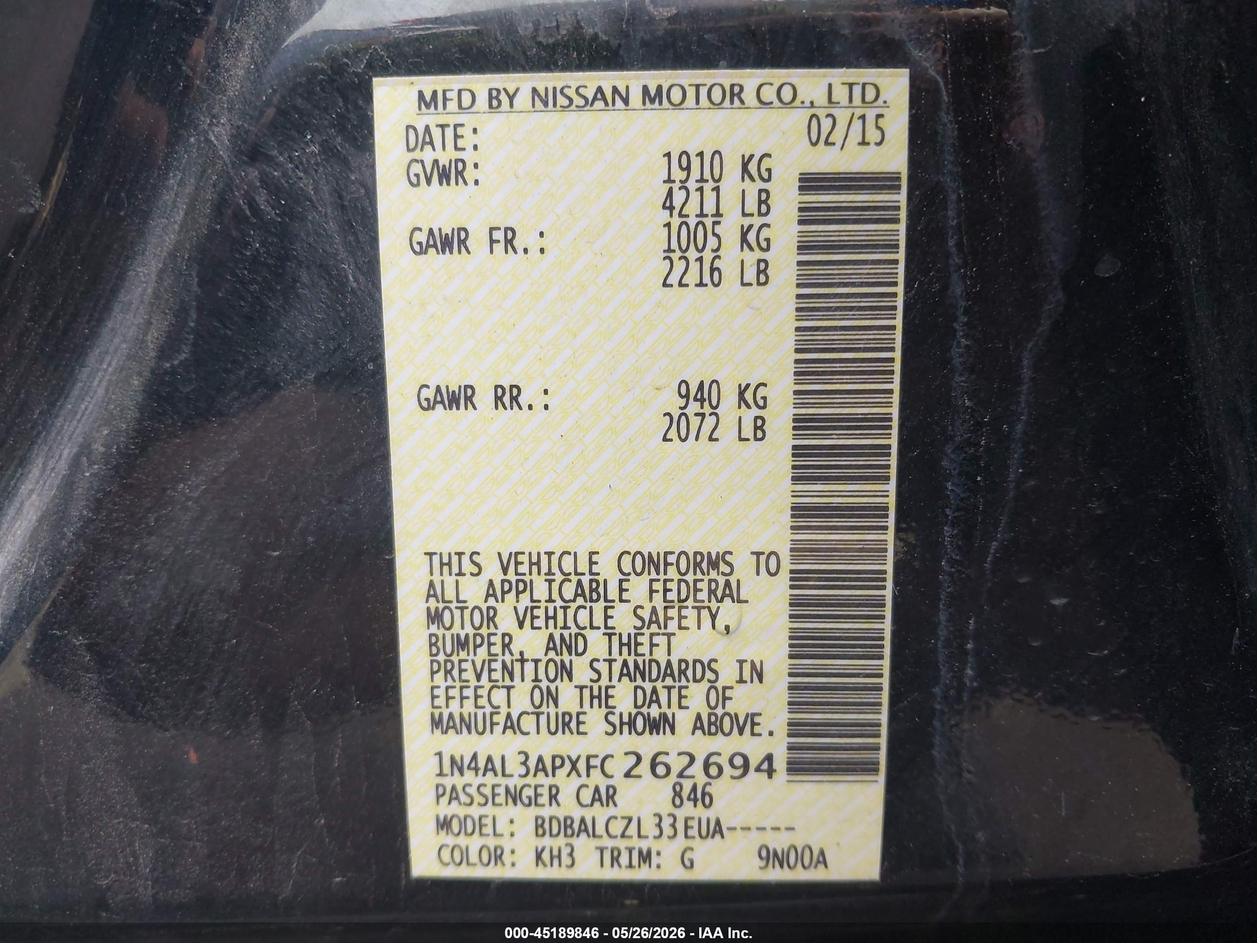 2015 Nissan Altima 2.5/2.5 S/2.5 Sl/2.5 Sv Black vin: 1N4AL3APXFC262694