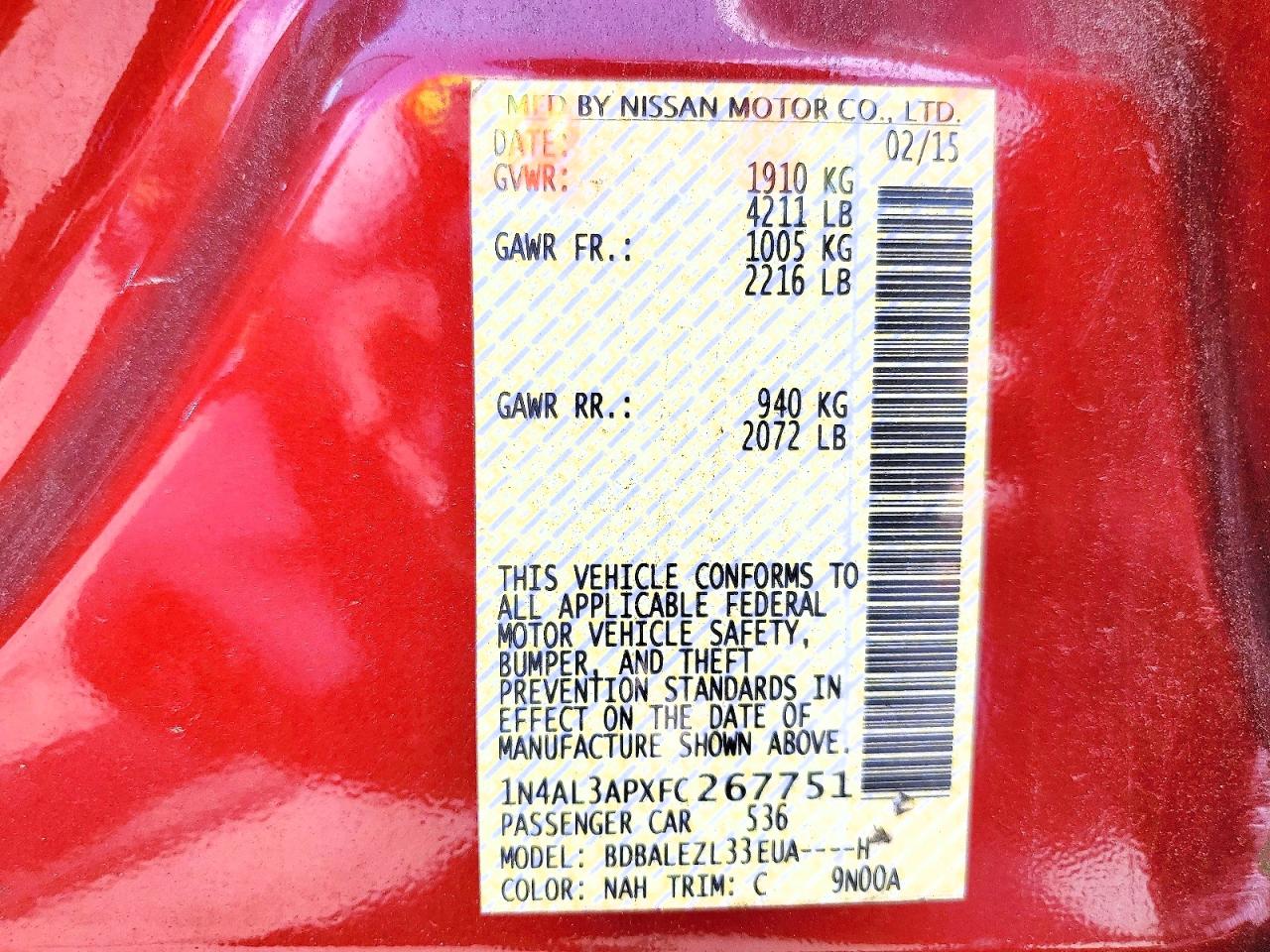2015 Nissan Altima 2.5 S Red vin: 1N4AL3APXFC267751