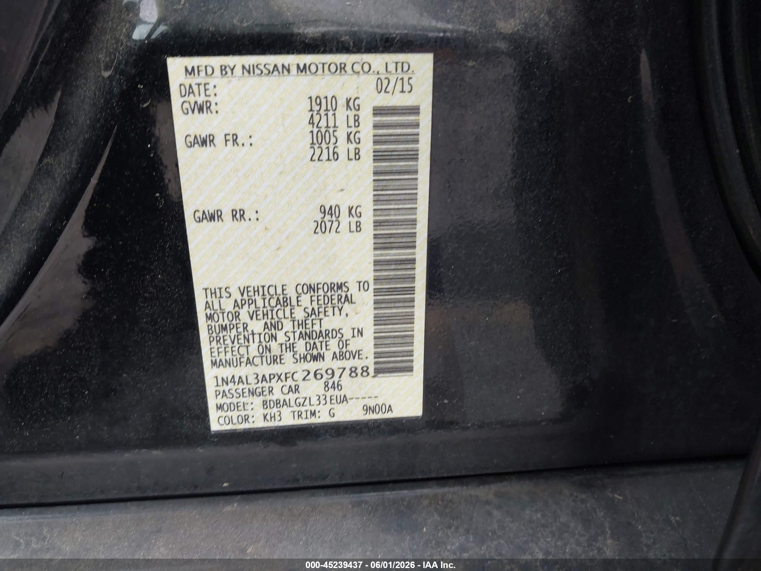 2015 Nissan Altima 2.5/2.5 S/2.5 Sl/2.5 Sv Black vin: 1N4AL3APXFC269788