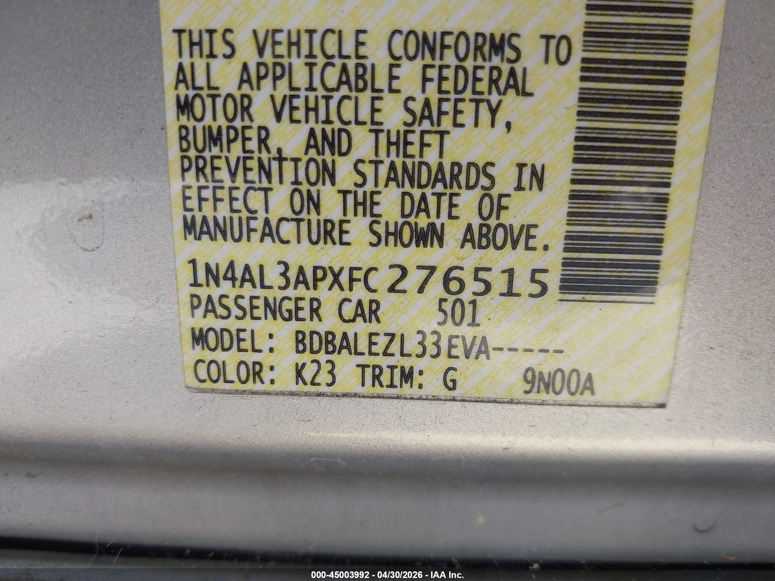 2015 Nissan Altima 2.5/2.5 S/2.5 Sl/2.5 Sv Silver vin: 1N4AL3APXFC276515