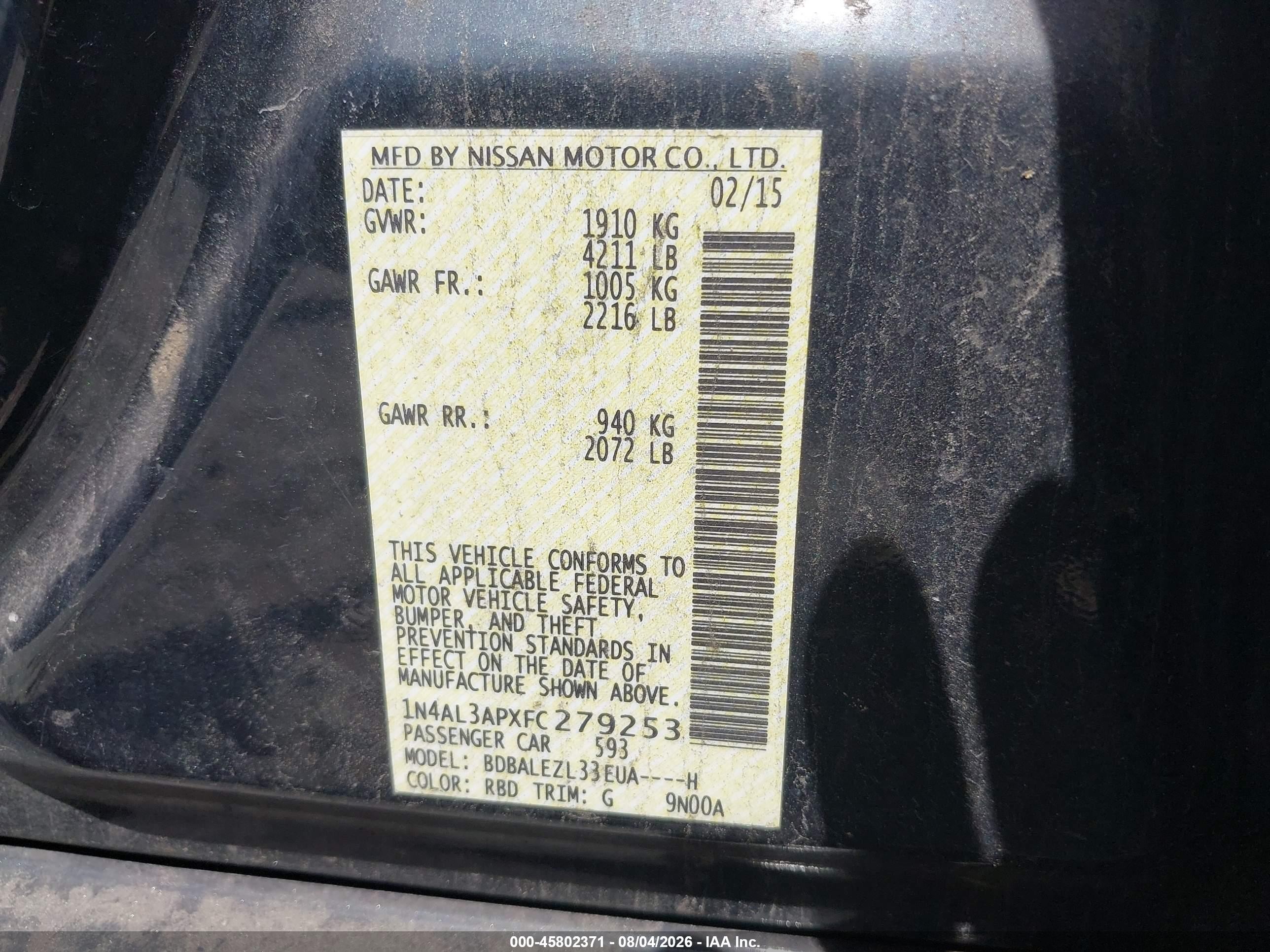 2015 Nissan Altima 2.5 S Navy vin: 1N4AL3APXFC279253