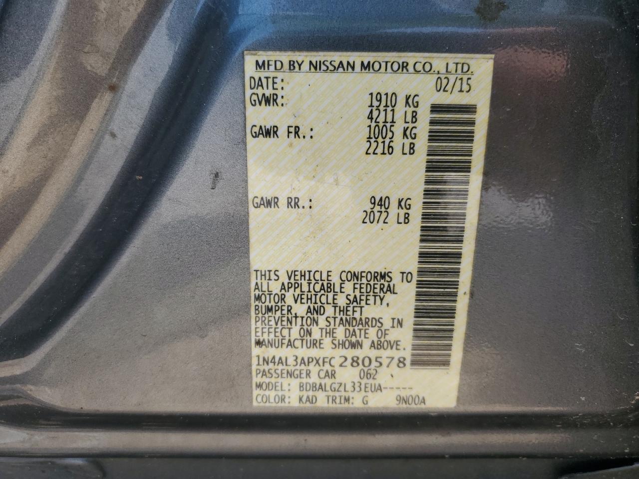 2015 Nissan Altima 2.5 Gray vin: 1N4AL3APXFC280578