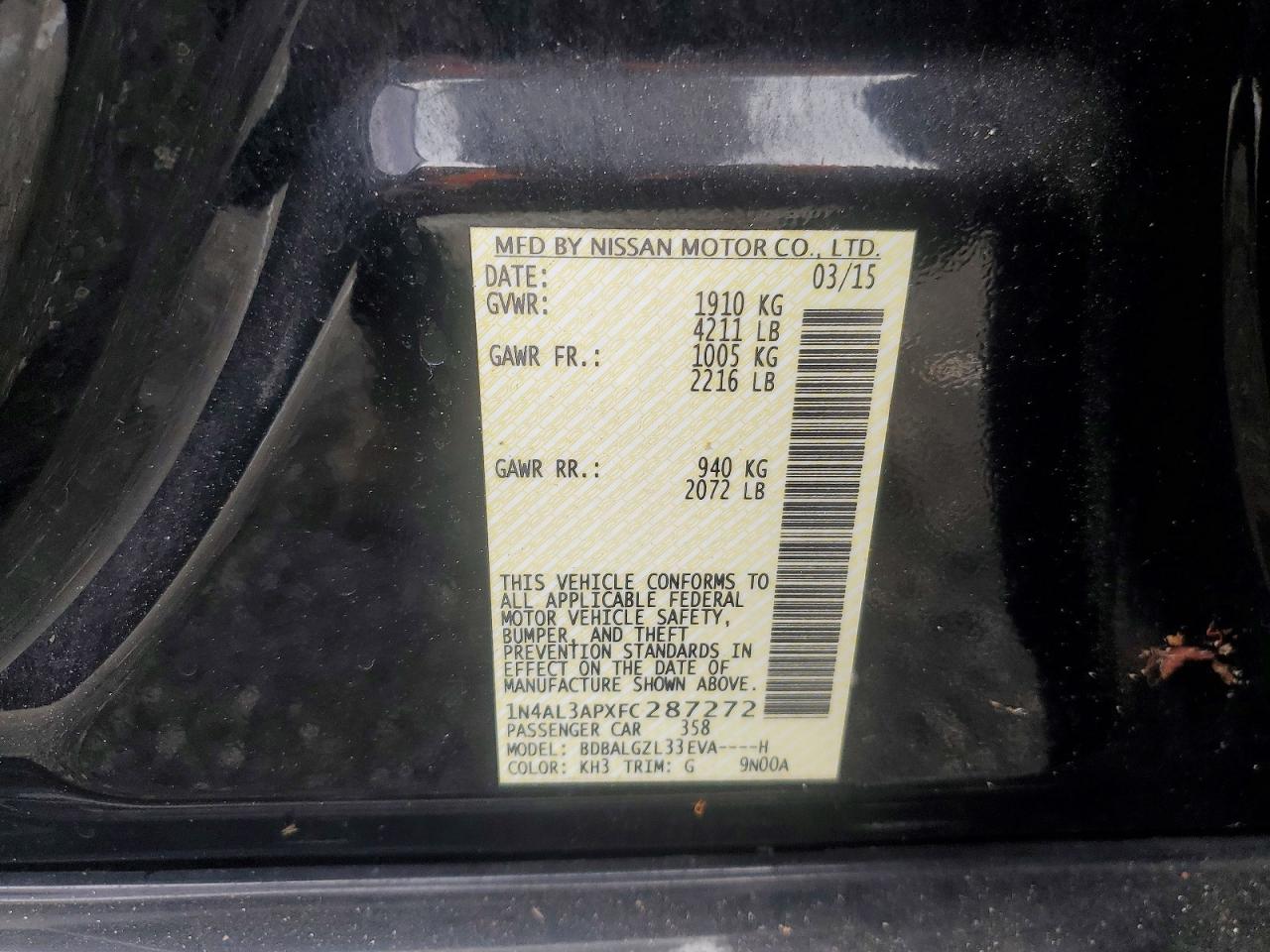 2015 Nissan Altima 2.5 S Черный vin: 1N4AL3APXFC287272