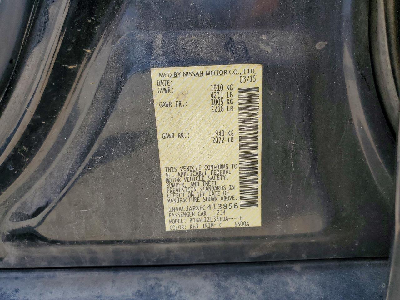 2015 Nissan Altima 2.5 Sv Black vin: 1N4AL3APXFC413856