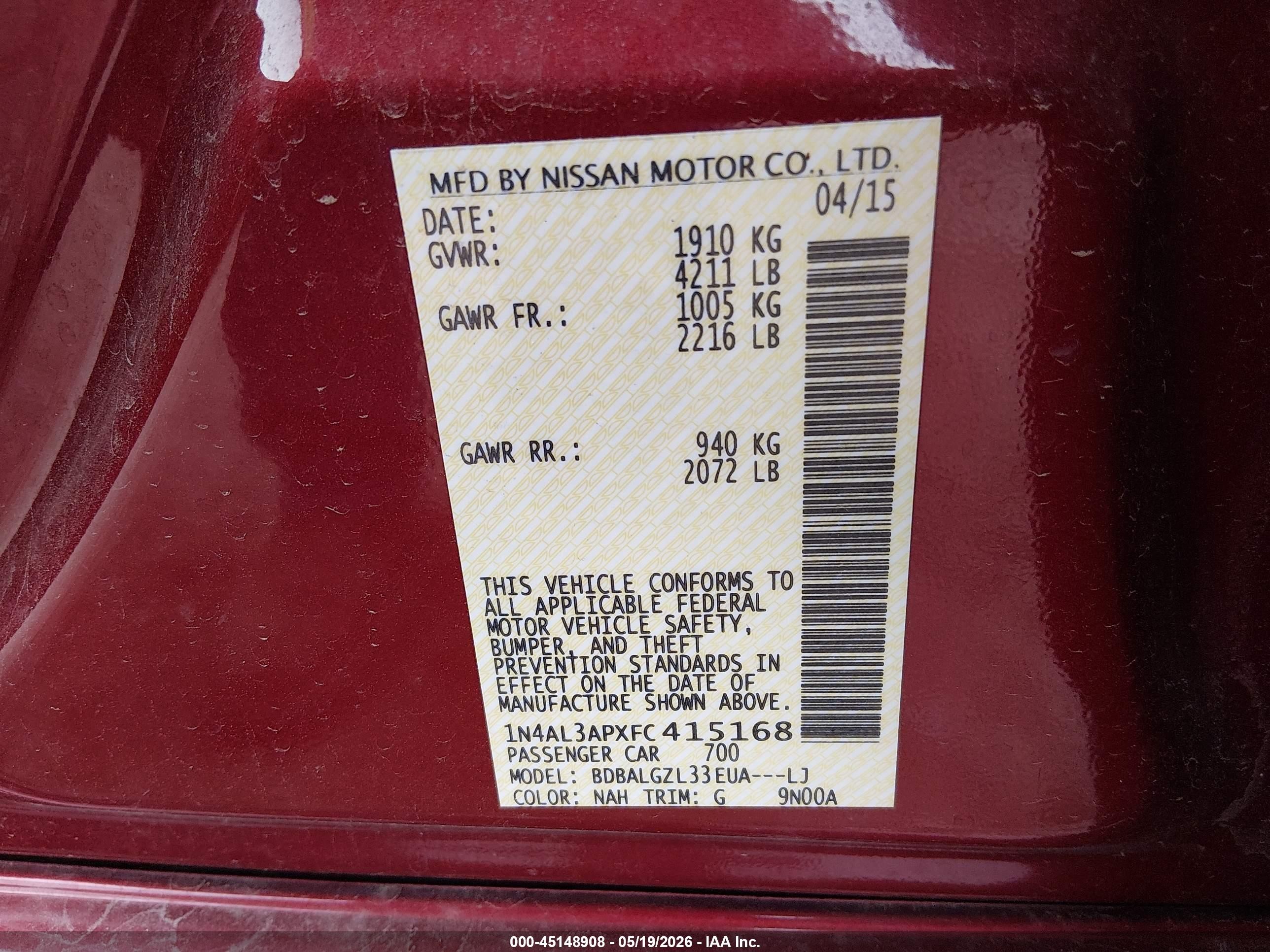 2015 Nissan Altima 2.5 S Red vin: 1N4AL3APXFC415168