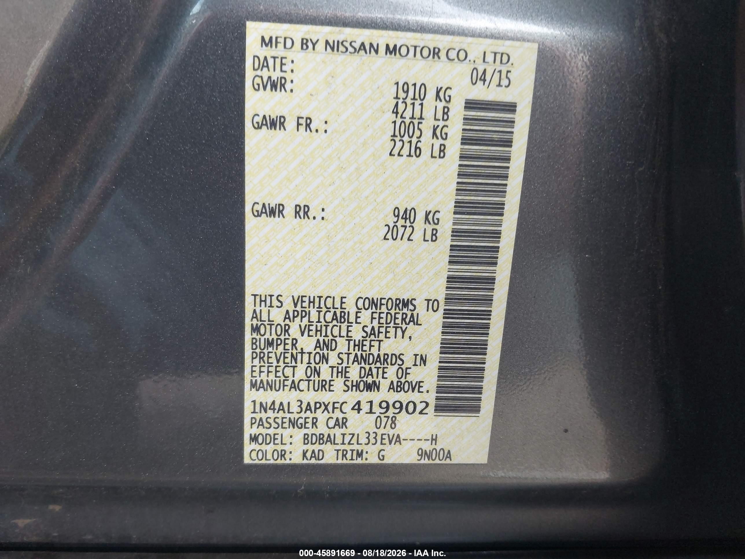 2015 Nissan Altima 2.5 Sv Серый vin: 1N4AL3APXFC419902