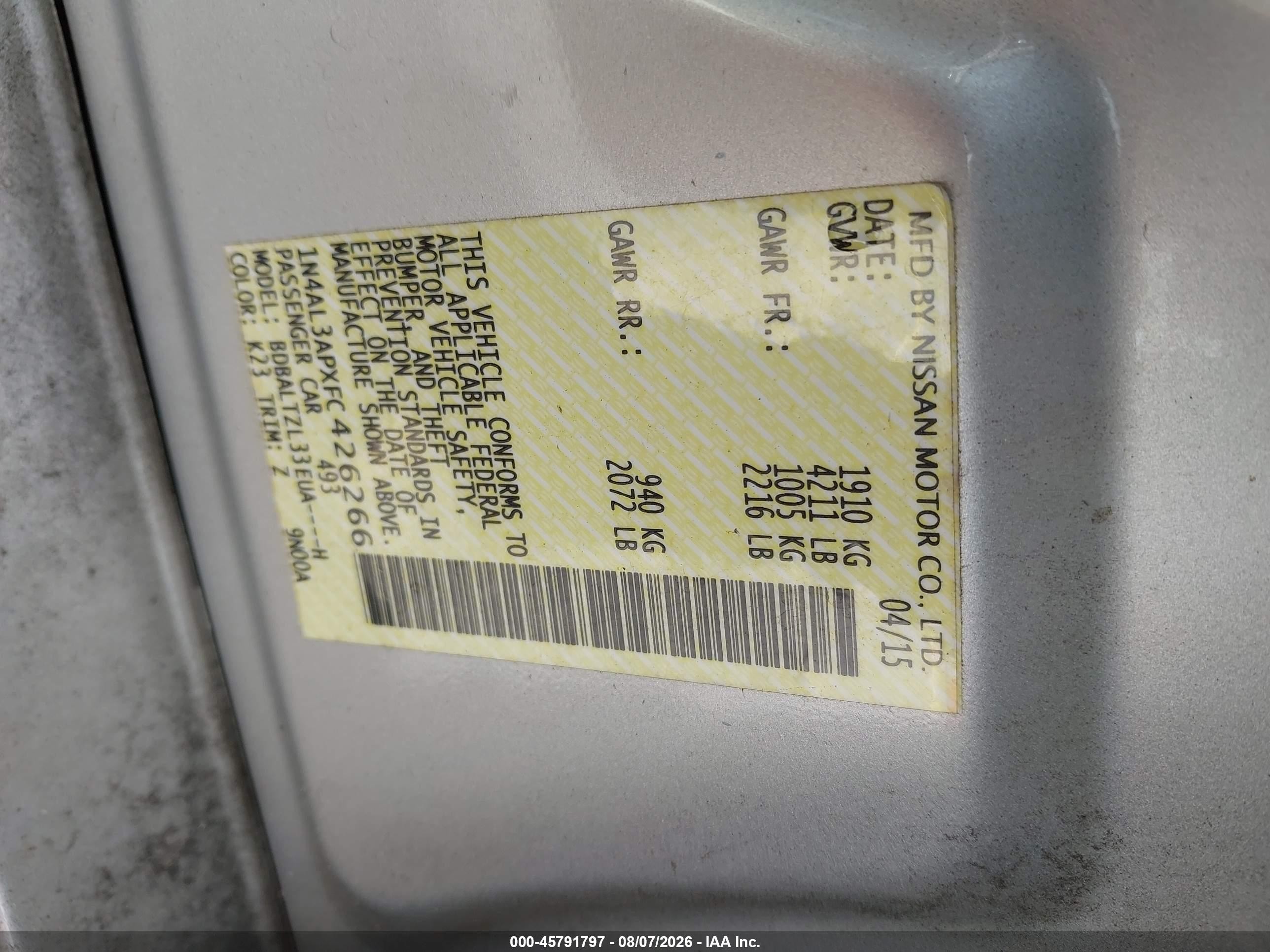 2015 Nissan Altima 2.5 Sl Silver vin: 1N4AL3APXFC426266