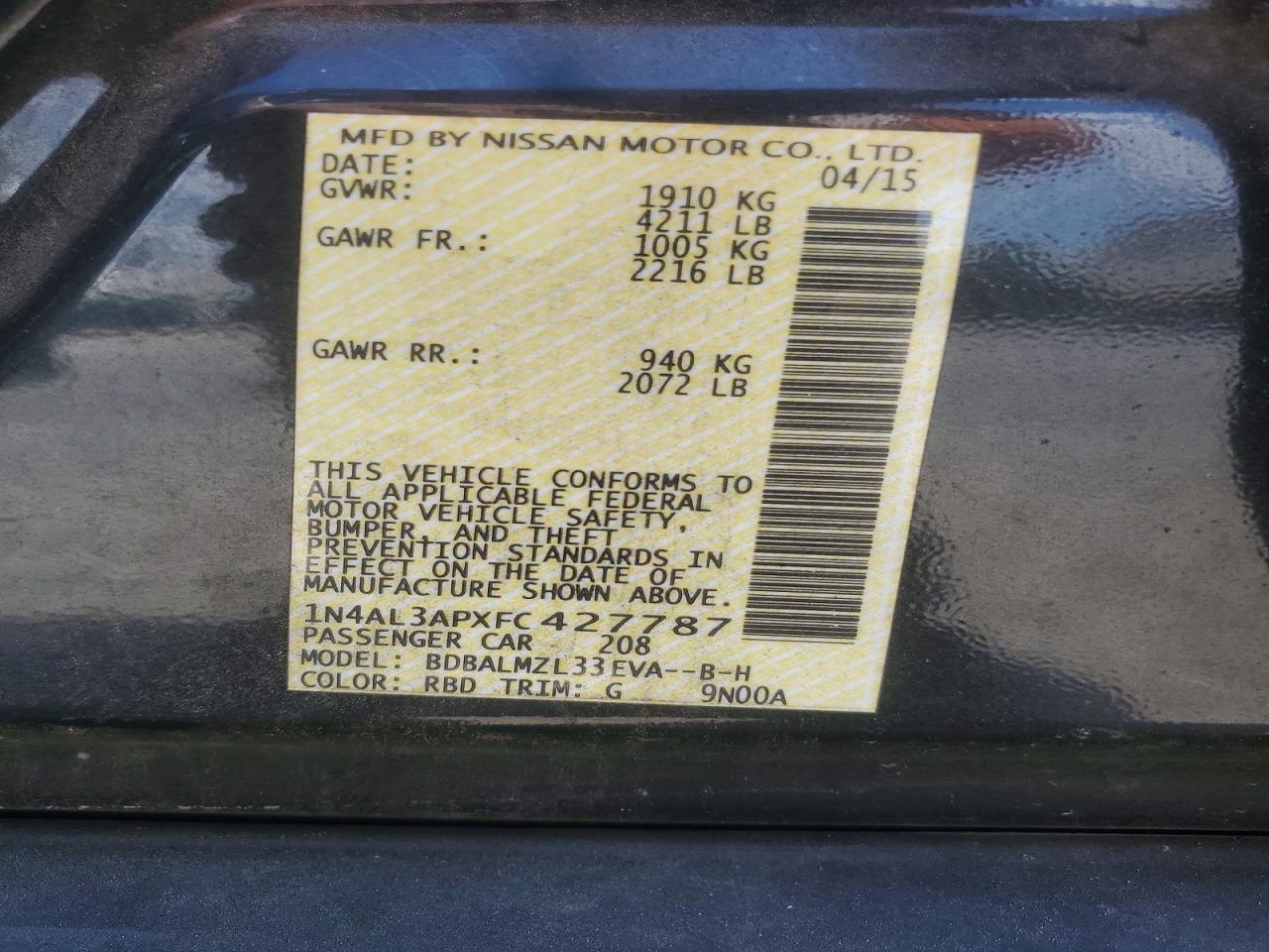 2015 Nissan Altima 2.5 Sv Black vin: 1N4AL3APXFC427787