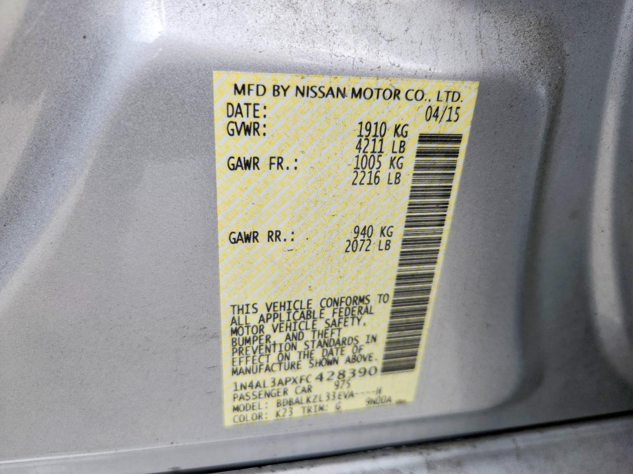 2015 Nissan Altima 2.5 Sv Silver vin: 1N4AL3APXFC428390