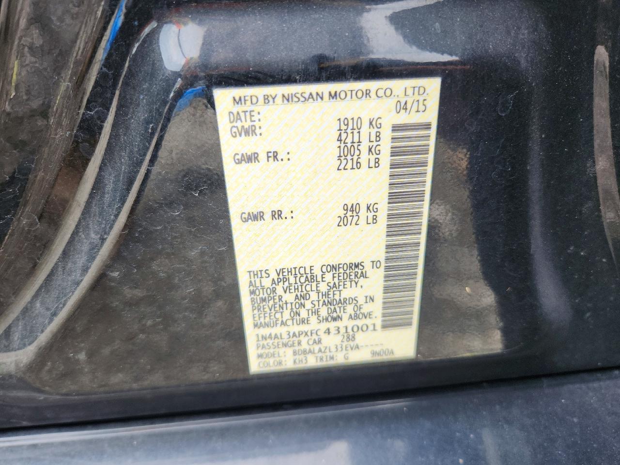 2015 Nissan Altima 2.5 Black vin: 1N4AL3APXFC431001
