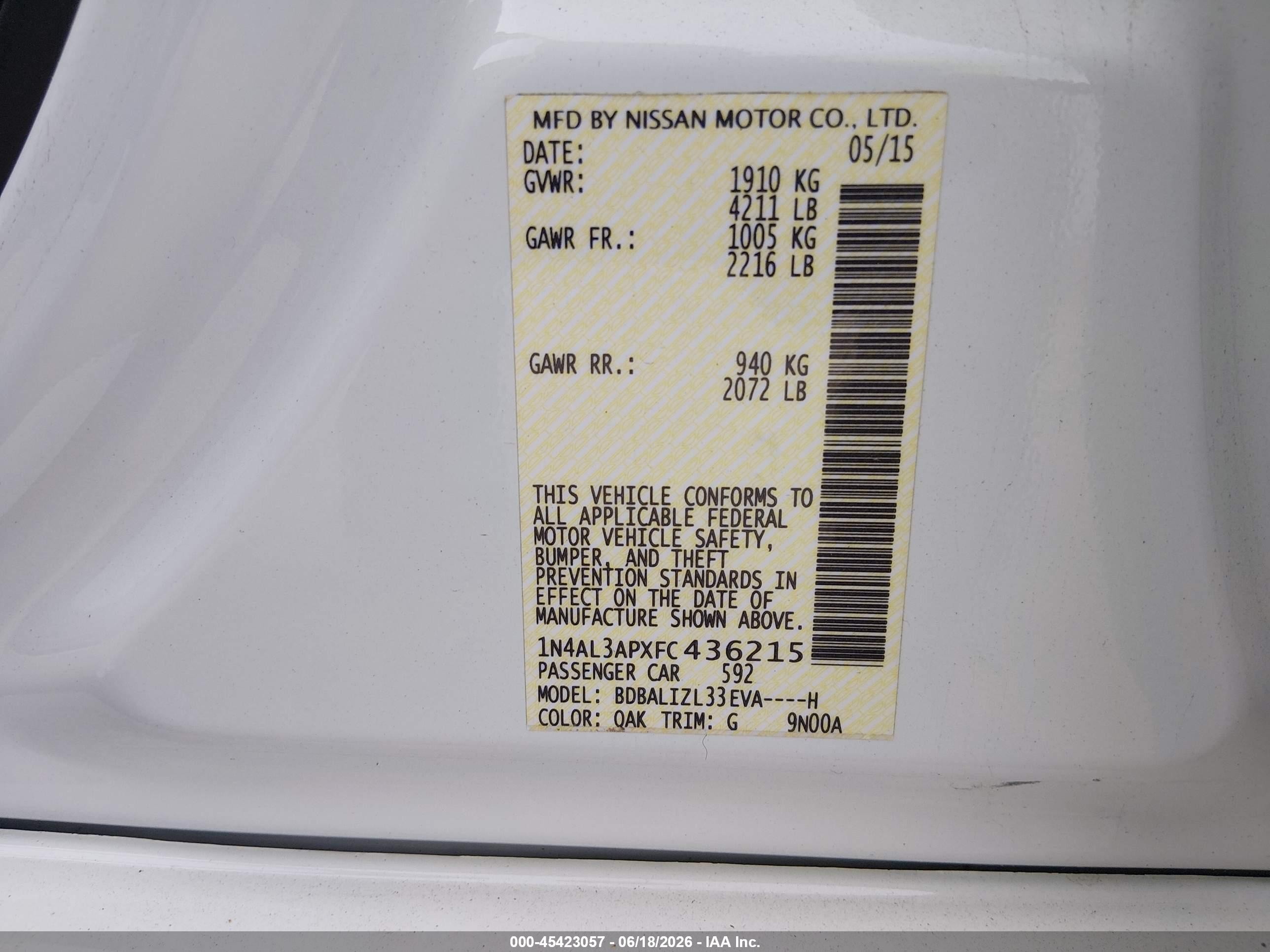 2015 Nissan Altima 2.5 Sv White vin: 1N4AL3APXFC436215