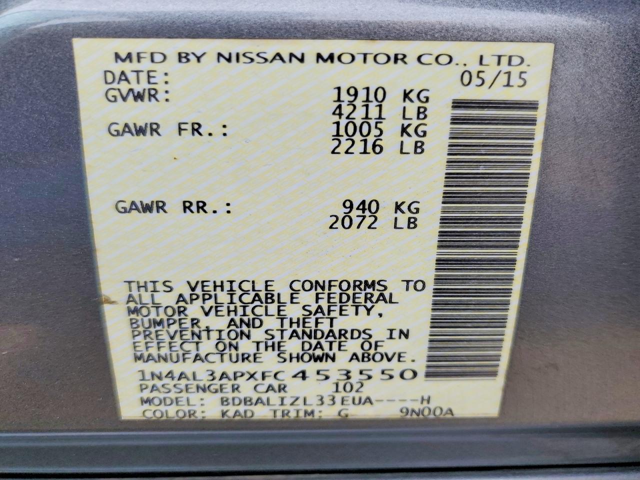 2015 Nissan Altima 2.5 Sv Gray vin: 1N4AL3APXFC453550